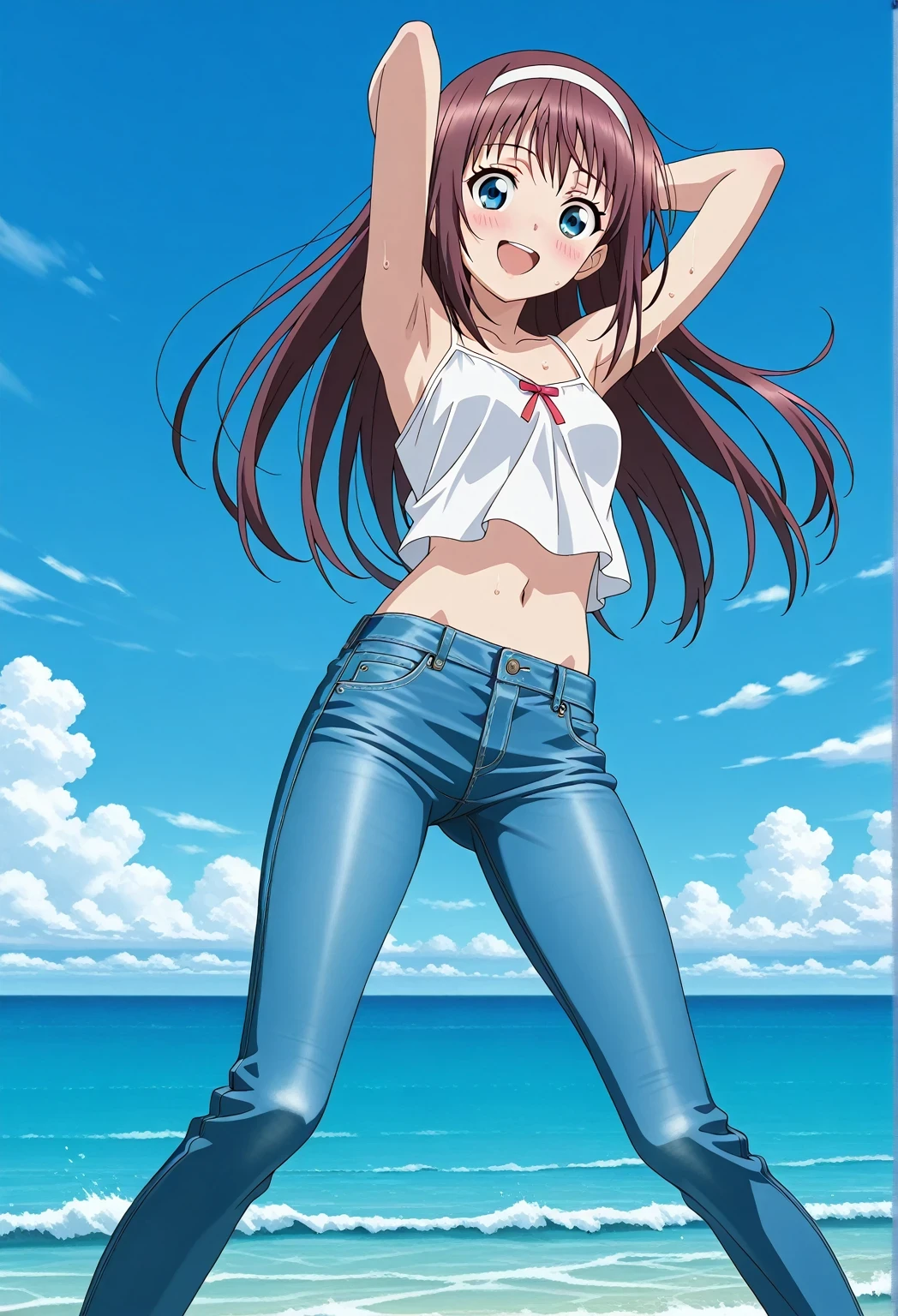 score_9, score_8_up, score_7_up, source_anime, highres, hi res, ((best quality, top quality, perfect quality, Highest Quality, amazing quality)), {{masterpiece}}, {{an extremely delicate and beautiful}}, 2d, intricate details, official style, anime, 8k, anime style, official_anime, official art, digital painting, cell shading, soft shading, high resolution, soothing tones, Subdued Color, Soft cinematic light, adobe lightroom, photolab, HDR, intricately and hyper-detailed, ((high quality animation)), 1 girl, Alone, solo, ((ocean)), tsunami, on the water, day, sunny, outdoors, sky, windy, HitomiDOA, brown hair, blue eyes, long hair, sidelocks, hairband, white hairband, anime screencap, small , white camisole top, crop top, white crop top, best quality, hyper-detailed jeans, ((blue jeans:1.9)), (dark blue jeans:0.6), full medium body, medium shot, Open mouth, smiling, happy face, blush, sweat, standing, ((arms behind head:6.0)), bowlegged, jumping pose, action, looking at viewer, , Bend knees slightly, straight-on front view