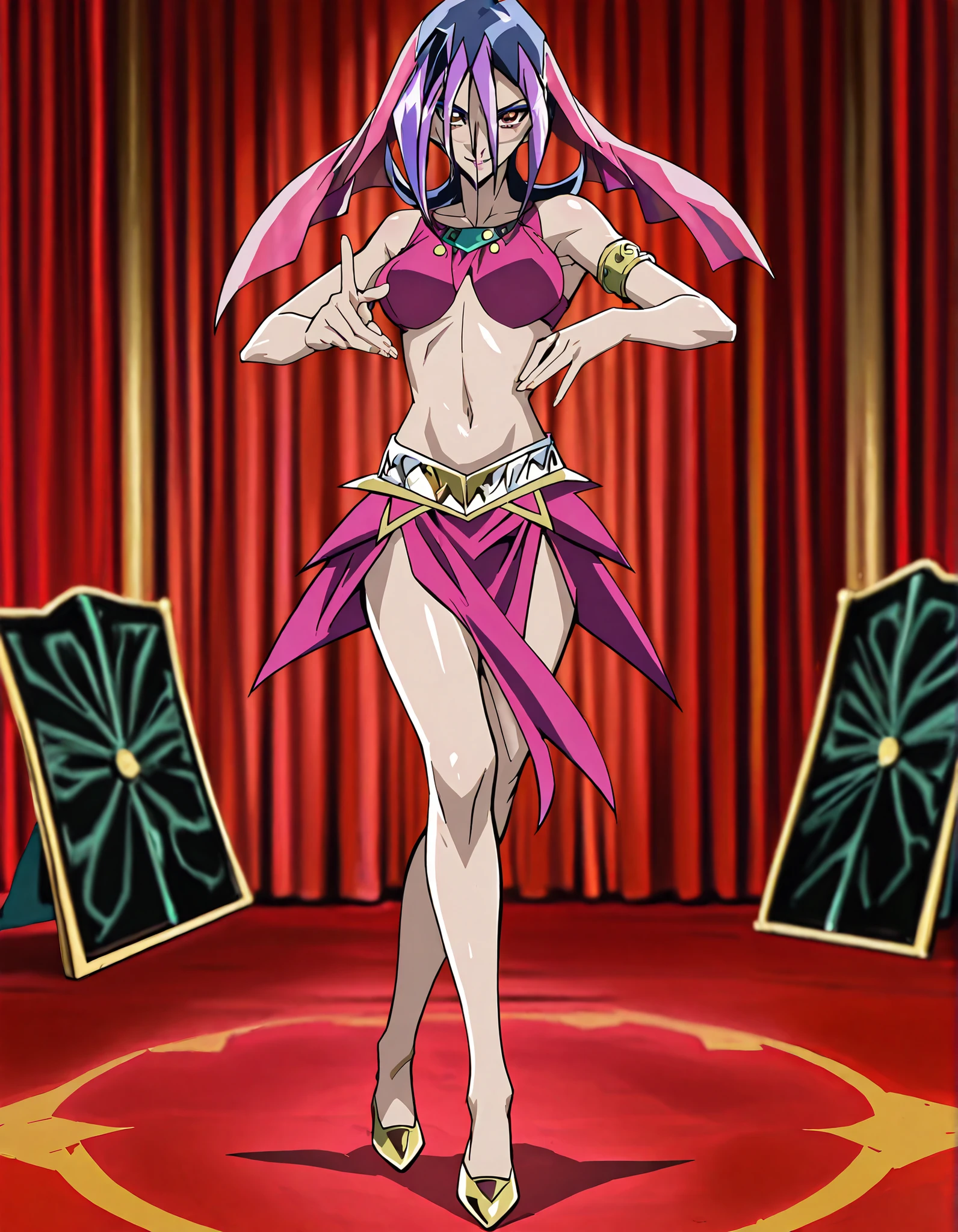 (1girl:1 . 5) , (Seul:1 . 5) , score_9 , score_8_haut , score_7_haut , source_anime , Official work , ultra-detailed , masterpiece , better quality , high resolution , beaux yeux , detailed eyes , Detailed face , beautiful detailed eyes,short hair,black hair,purple hair,dyed bangs,hair between eyes,orange eyes,Yu-Gi-Oh Zexal,Droite,Arabian Clothes , Arabian Dancer ,belly dancer costume,belly dancer outfit ,full body,golden jewelery,armlet, belly dancing,arabian theater,seductive smile, dancing with veil, dynamic movement,dance posture, seductive pose