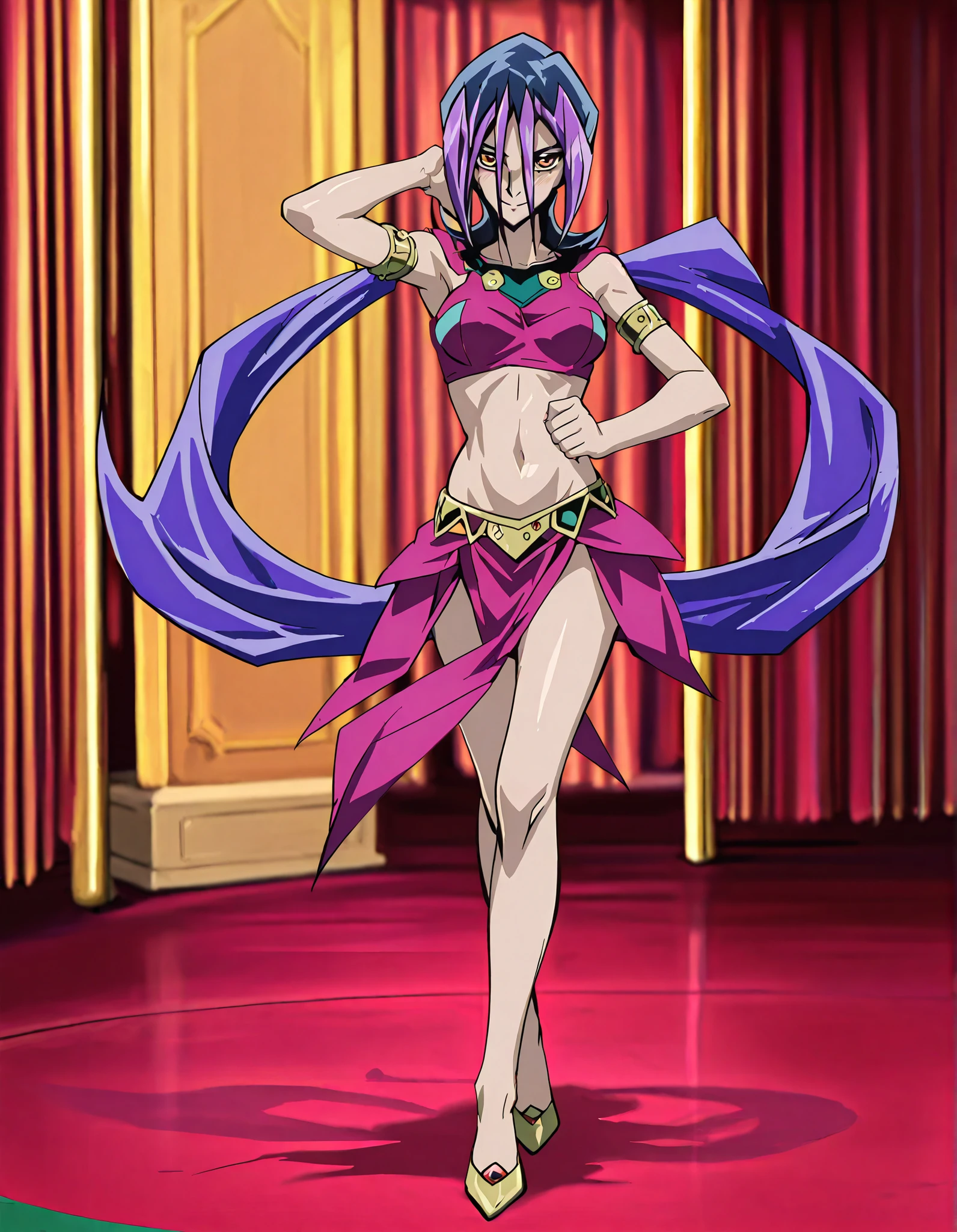 (1girl:1 . 5) , (Seul:1 . 5) , score_9 , score_8_haut , score_7_haut , source_anime , Official work , ultra-detailed , masterpiece , better quality , high resolution , beaux yeux , detailed eyes , Detailed face , beautiful detailed eyes,short hair,black hair,purple hair,dyed bangs,hair between eyes,orange eyes,Yu-Gi-Oh Zexal,Droite,Arabian Clothes , Arabian Dancer ,belly dancer costume,belly dancer outfit ,full body,golden jewelery,armlet, belly dancing,arabian theater,seductive smile, dancing with veil, dynamic movement,dance posture, pose