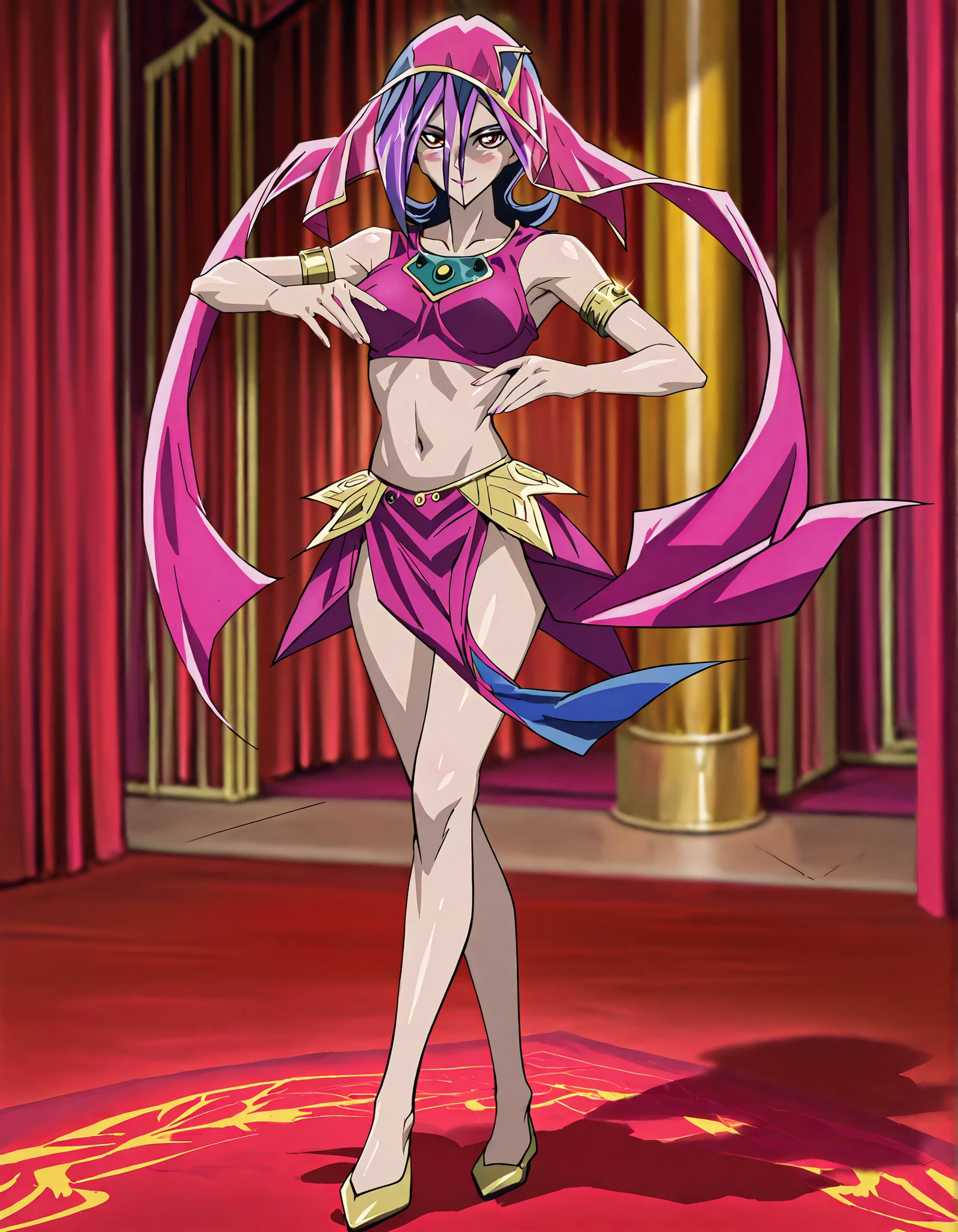 (1girl:1 . 5) , (Seul:1 . 5) , score_9 , score_8_haut , score_7_haut , source_anime , Official work , ultra-detailed , masterpiece , better quality , high resolution , beaux yeux , detailed eyes , Detailed face , beautiful detailed eyes,short hair,black hair,purple hair,dyed bangs,hair between eyes,orange eyes,Yu-Gi-Oh Zexal,Droite,Arabian Clothes , Arabian Dancer ,belly dancer costume,belly dancer outfit ,full body,golden jewelery,armlet, belly dancing,arabian theater,seductive smile, dancing with veil, dynamic movement,dance posture, seductive pose