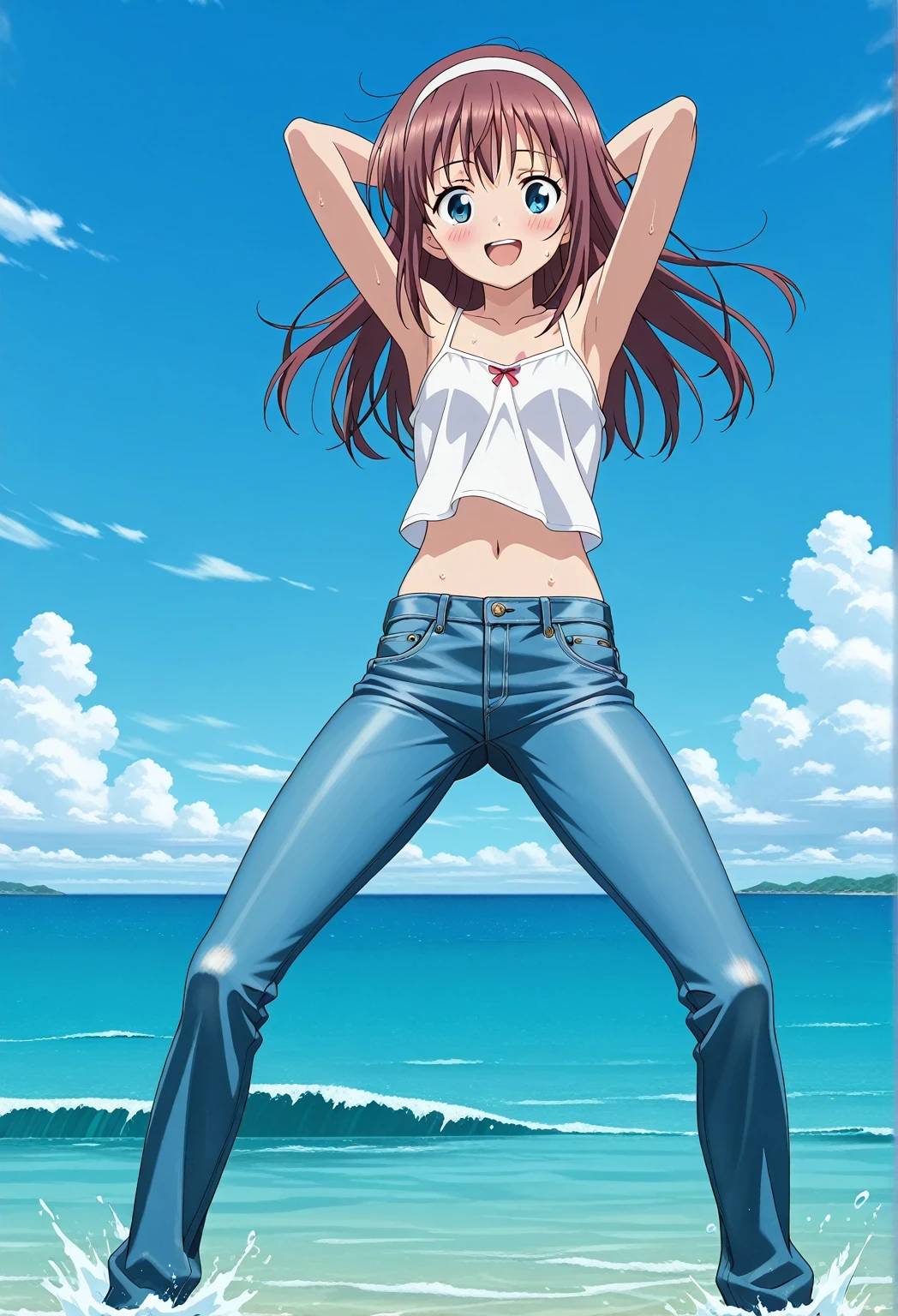 score_9, score_8_up, score_7_up, source_anime, highres, hi res, ((best quality, top quality, perfect quality, Highest Quality, amazing quality)), {{masterpiece}}, {{an extremely delicate and beautiful}}, 2d, intricate details, official style, anime, 8k, anime style, official_anime, official art, digital painting, cell shading, soft shading, high resolution, soothing tones, Subdued Color, Soft cinematic light, adobe lightroom, photolab, HDR, intricately and hyper-detailed, ((high quality animation)), 1 girl, Alone, solo, ((ocean)), tsunami, on the water, day, sunny, outdoors, sky, windy, HitomiDOA, brown hair, blue eyes, long hair, sidelocks, hairband, white hairband, anime screencap, small , white camisole top, crop top, white crop top, best quality, hyper-detailed jeans, ((blue jeans:1.9)), (dark blue jeans:0.6), full medium body, medium shot, Open mouth, smiling, happy face, blush, sweat, standing, ((arms behind head:6.0)), bowlegged, sliding pose, action, looking at viewer, , Bend knees slightly, straight-on front view