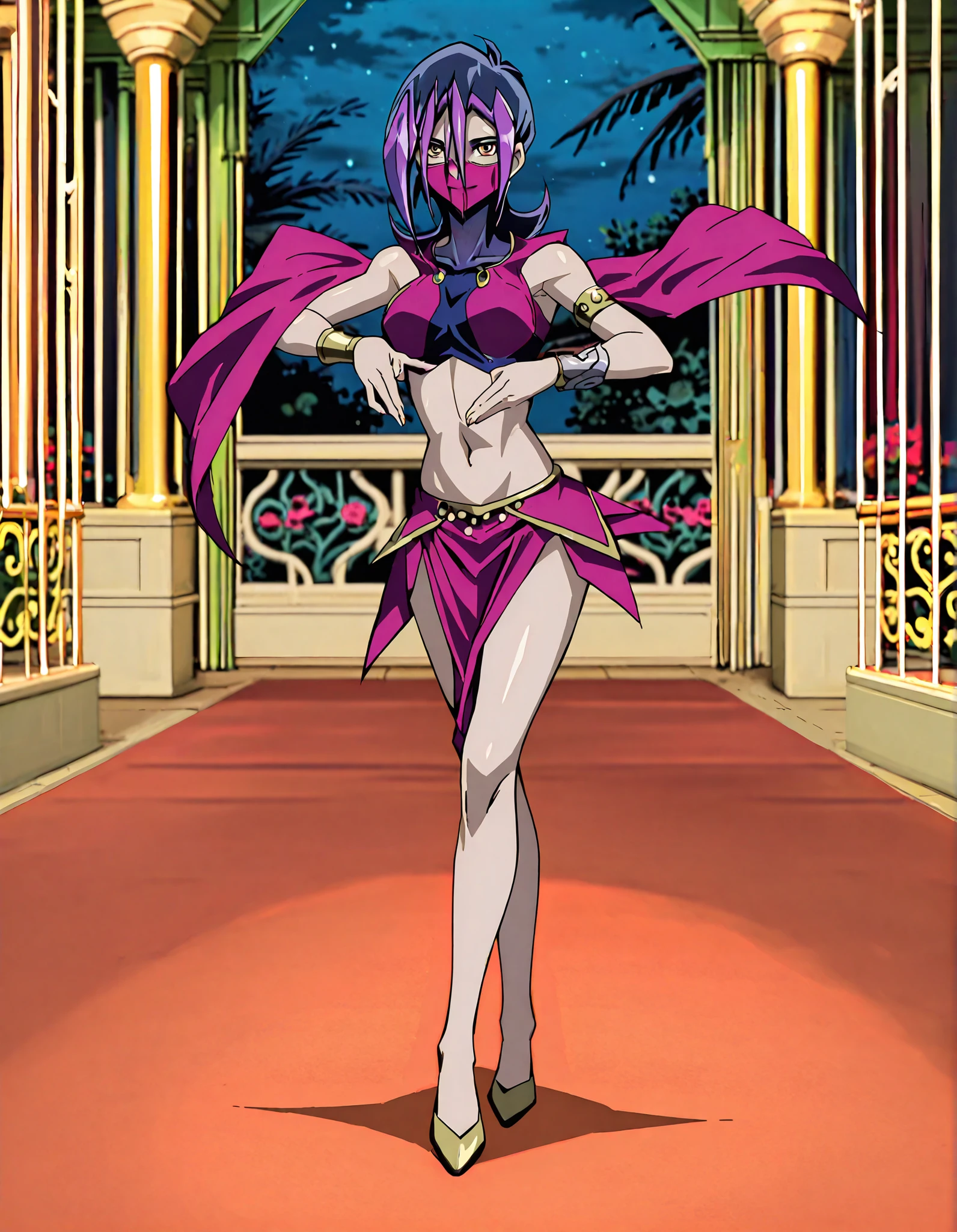 (1girl:1 . 5) , (Seul:1 . 5) , score_9 , score_8_haut , score_7_haut , source_anime , Official work , ultra-detailed , masterpiece , better quality , high resolution , beaux yeux , detailed eyes , Detailed face , beautiful detailed eyes,short hair,black hair,purple hair,dyed bangs,hair between eyes,orange eyes,Yu-Gi-Oh Zexal,Droite,Arabian Clothes , Arabian Dancer ,belly dancer costume,belly dancer outfit ,full body,golden jewelery,mouth veil,armlet, belly dancing,night,arabian garden,seductive smile, dancing with veil, dynamic movement,dance posture, seductive pose