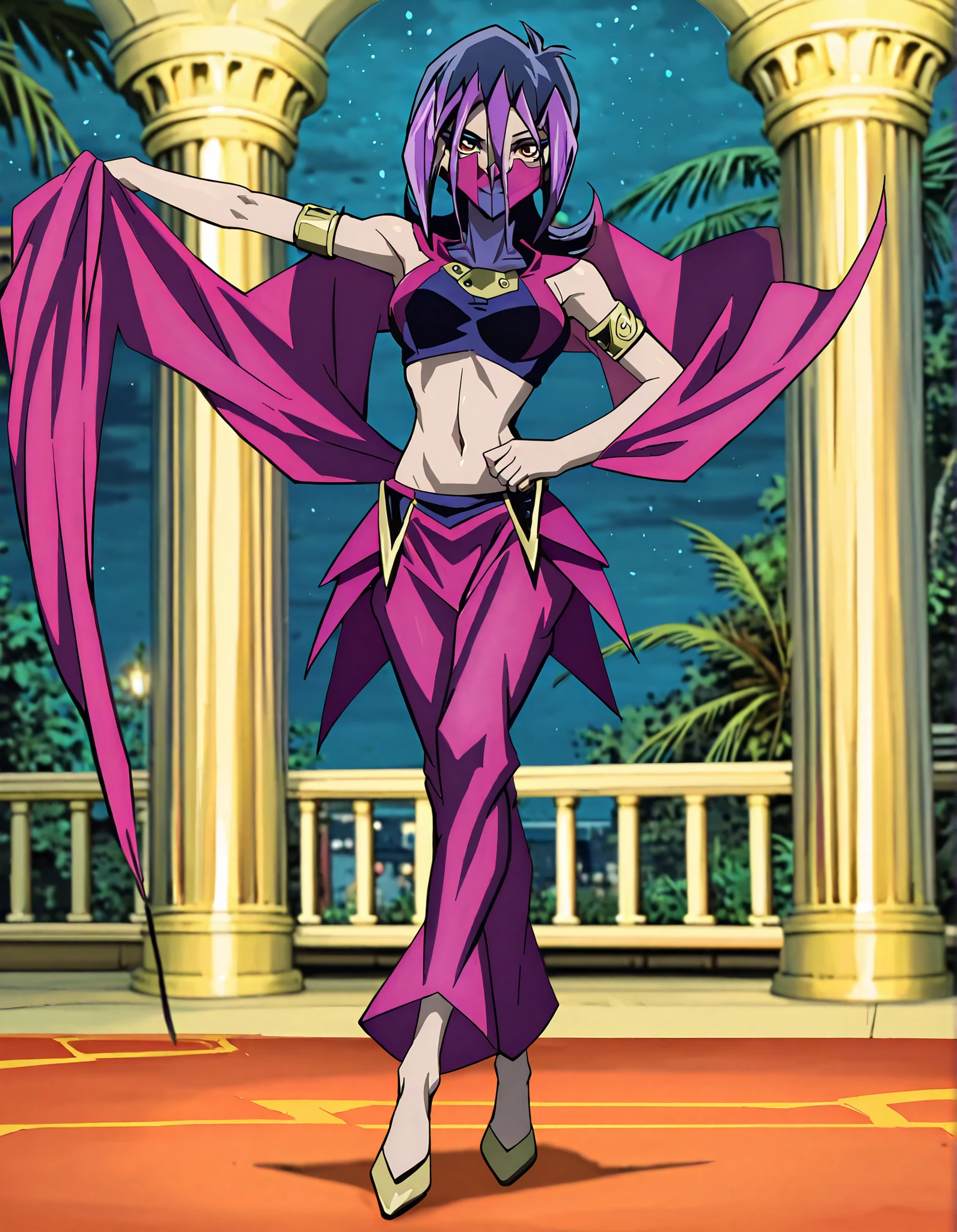 (1girl:1 . 5) , (Seul:1 . 5) , score_9 , score_8_haut , score_7_haut , source_anime , Official work , ultra-detailed , masterpiece , better quality , high resolution , beaux yeux , detailed eyes , Detailed face , beautiful detailed eyes,short hair,black hair,purple hair,dyed bangs,hair between eyes,orange eyes,Yu-Gi-Oh Zexal,Droite,Arabian Clothes , Arabian Dancer ,belly dancer costume,belly dancer outfit ,full body,golden jewelery,mouth veil,armlet, belly dancing,night,arabian garden,seductive smile, dancing with veil, dynamic movement,dance posture, pose