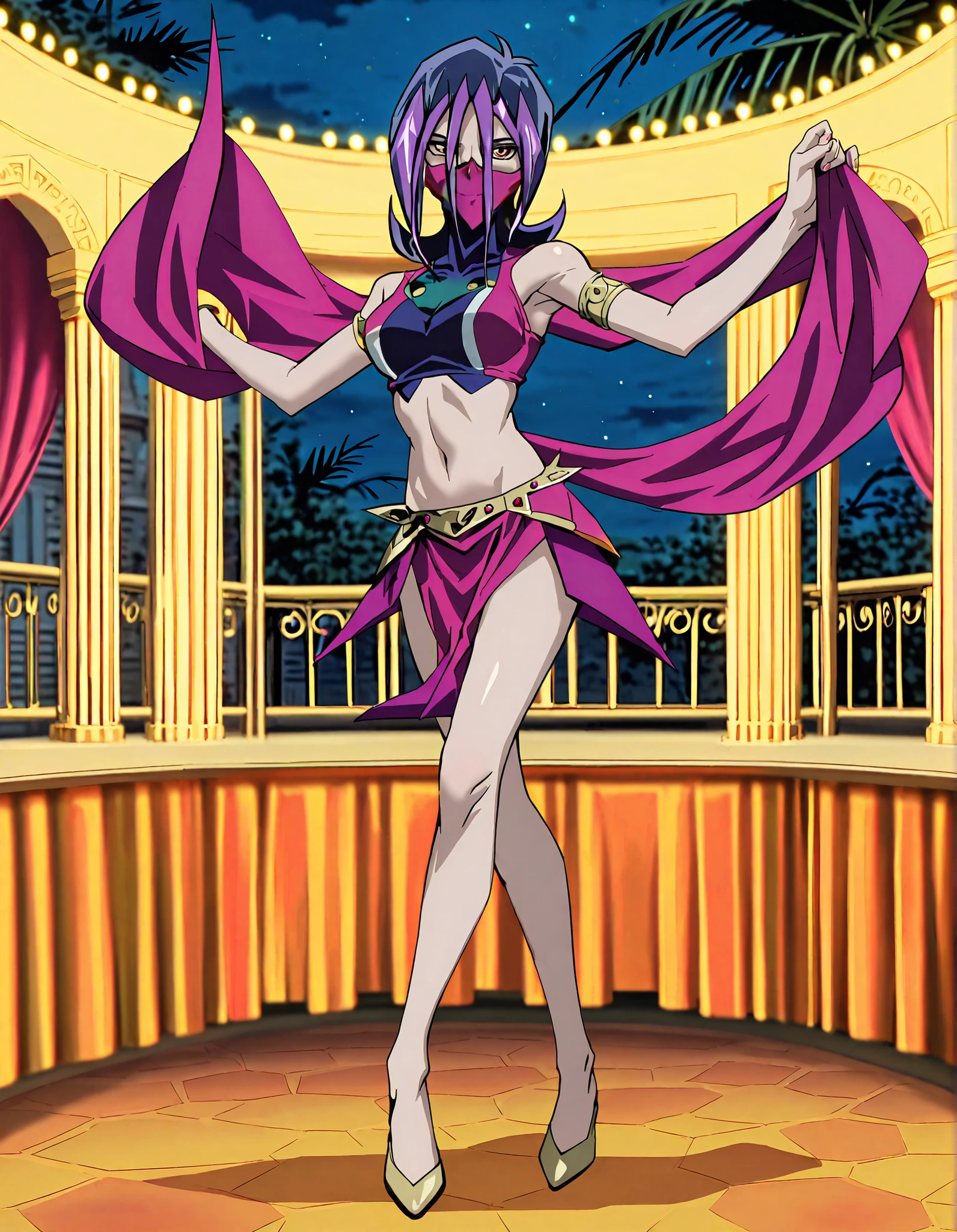 (1girl:1 . 5) , (Seul:1 . 5) , score_9 , score_8_haut , score_7_haut , source_anime , Official work , ultra-detailed , masterpiece , better quality , high resolution , beaux yeux , detailed eyes , Detailed face , beautiful detailed eyes,short hair,black hair,purple hair,dyed bangs,hair between eyes,orange eyes,Yu-Gi-Oh Zexal,Droite,Arabian Clothes , Arabian Dancer ,belly dancer costume,belly dancer outfit ,full body,golden jewelery,mouth veil,armlet, belly dancing,night,arabian garden,seductive smile, dancing with veil, dynamic movement,dance posture, seductive pose