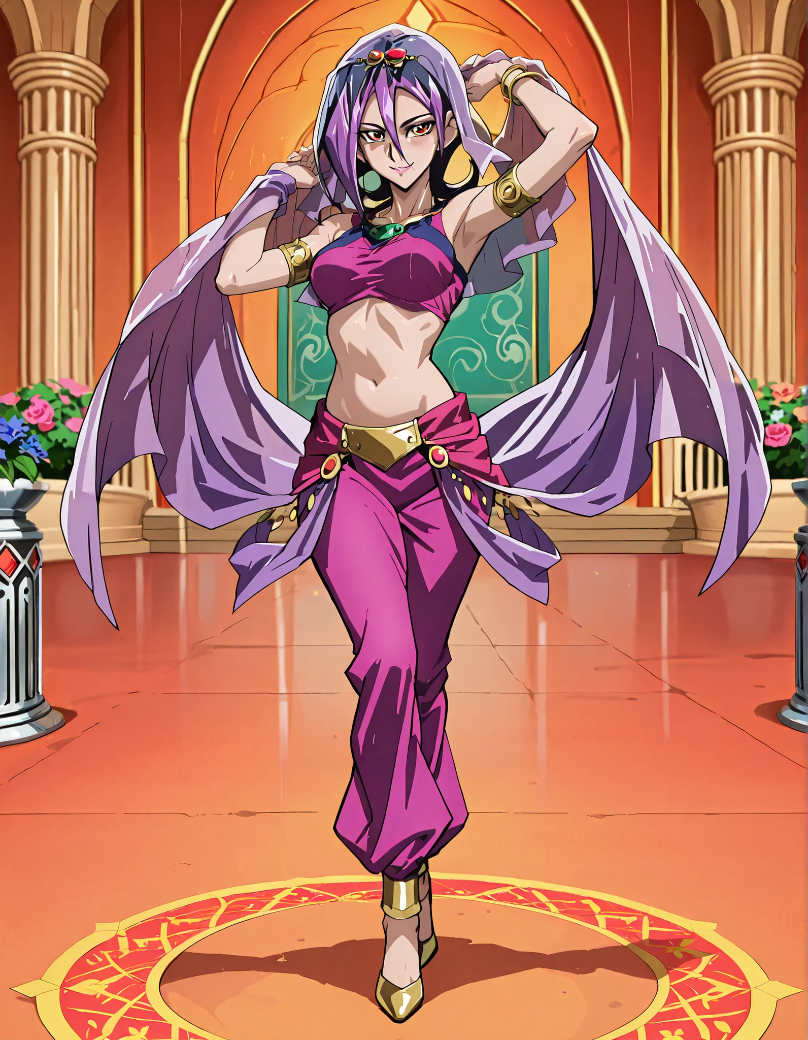 (1girl:1 . 5) , (Seul:1 . 5) , score_9 , score_8_haut , score_7_haut , source_anime , Official work , ultra-detailed , masterpiece , better quality , high resolution , beaux yeux , detailed eyes , Detailed face , beautiful detailed eyes,short hair,black hair,purple hair,dyed bangs,hair between eyes,orange eyes,Yu-Gi-Oh Zexal,Droite,Arabian Clothes , Arabian Dancer ,belly dancer costume,belly dancer outfit ,full body,golden jewelery,armlet, belly dancing,arabian garden,seductive smile, dancing with veil, dynamic movement,dance posture, pose