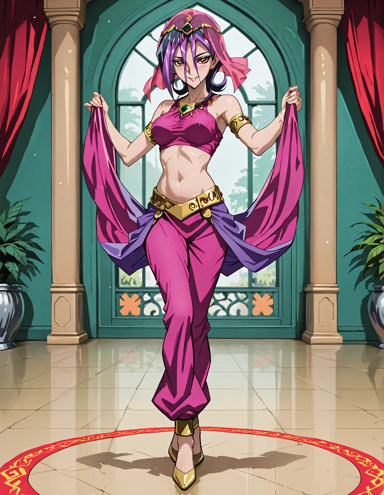 (1girl:1 . 5) , (Seul:1 . 5) , score_9 , score_8_haut , score_7_haut , source_anime , Official work , ultra-detailed , masterpiece , better quality , high resolution , beaux yeux , detailed eyes , Detailed face , beautiful detailed eyes,short hair,black hair,purple hair,dyed bangs,hair between eyes,orange eyes,Yu-Gi-Oh Zexal,Droite,Arabian Clothes , Arabian Dancer ,belly dancer costume,belly dancer outfit ,full body,golden jewelery,armlet, belly dancing,arabian garden,seductive smile, dancing with veil, dynamic movement,dance posture, pose