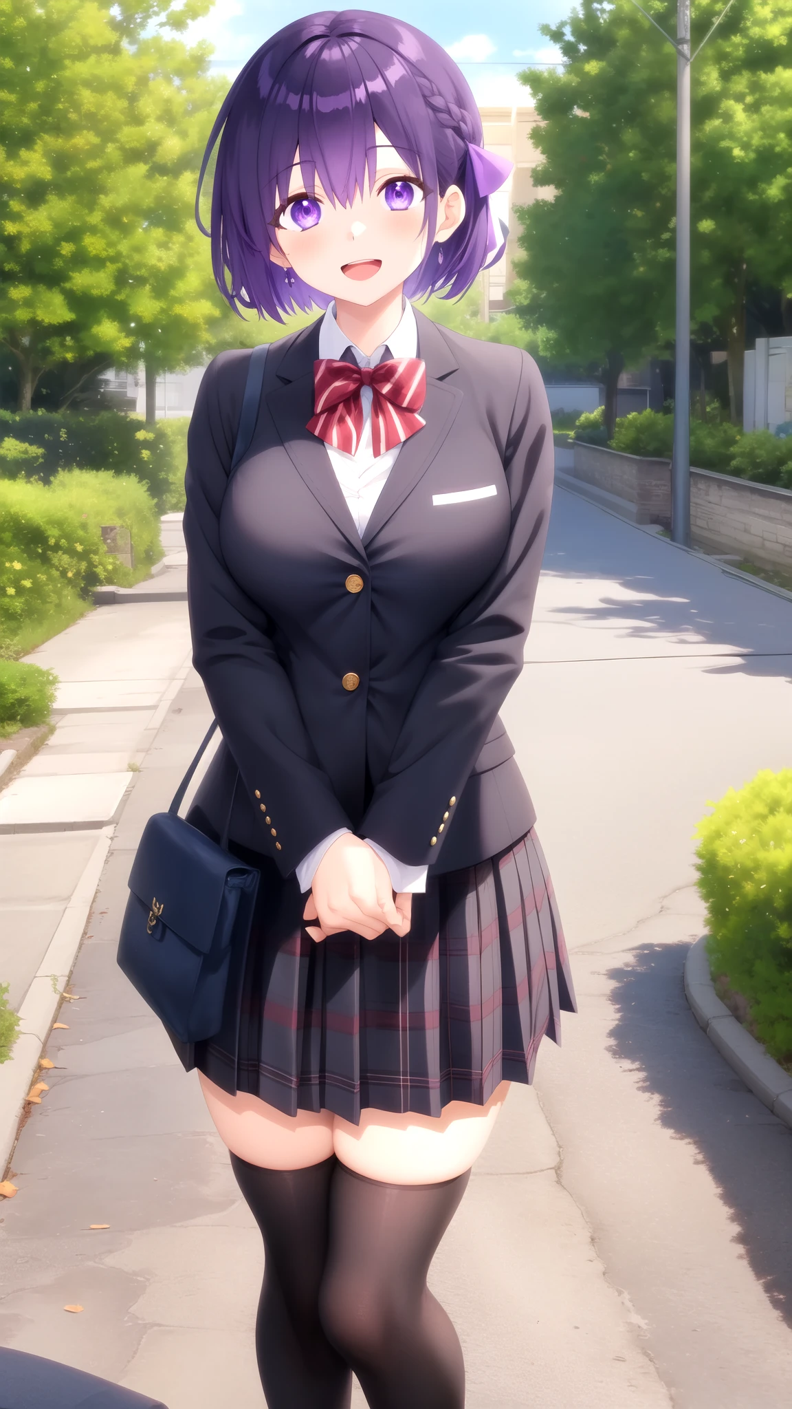 masterpiece, best quality, high quality, girl, solo, looking at viewer, yuuki_izumi, purple eyes, purple hair, large breasts, red bow, striped bow, blazer, Black jacket, long sleeves, plaid skirt, Grey skirt, black thighhighs, standing, smile, open mouth, outdoors 