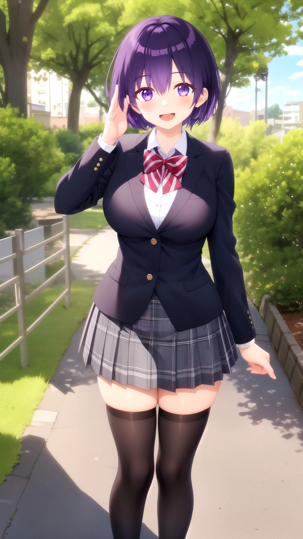 masterpiece, best quality, high quality, girl, solo, looking at viewer, yuuki_izumi, purple eyes, purple hair, large breasts, red bow, striped bow, blazer, Black jacket, long sleeves, plaid skirt, Grey skirt, black thighhighs, standing, smile, open mouth, outdoors