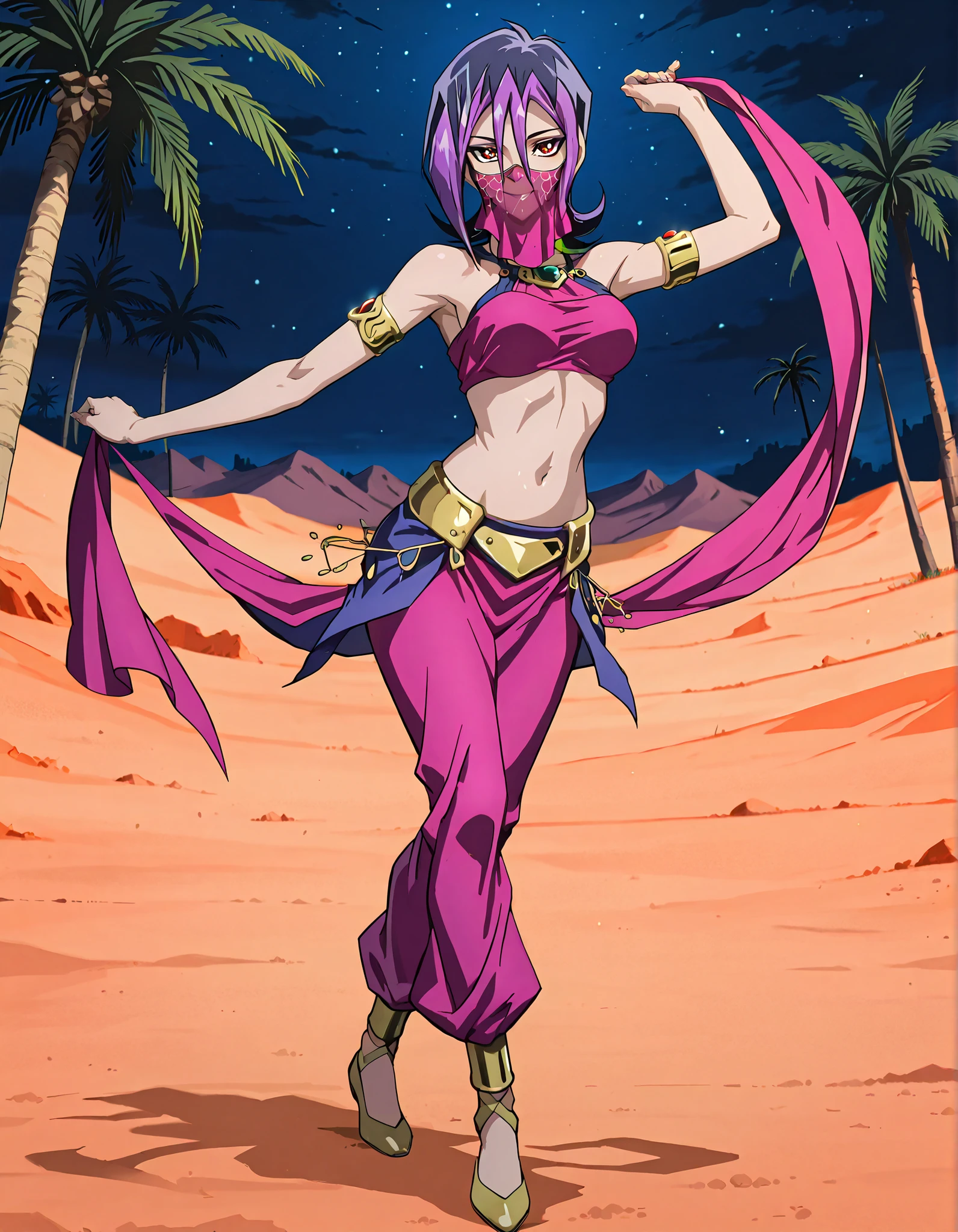 (1girl:1 . 5) , (Seul:1 . 5) , score_9 , score_8_haut , score_7_haut , source_anime , Official work , ultra-detailed , masterpiece , better quality , high resolution , beaux yeux , detailed eyes , Detailed face , beautiful detailed eyes,short hair,black hair,purple hair,dyed bangs,hair between eyes,orange eyes,Yu-Gi-Oh Zexal,Droite,Arabian Clothes , Arabian Dancer ,belly dancer costume,belly dancer outfit ,full body,golden jewelery,mouth veil,armlet, belly dancing,night,desert lands,palm tree,seductive smile, dancing with veil, dynamic movement,dance posture, pose