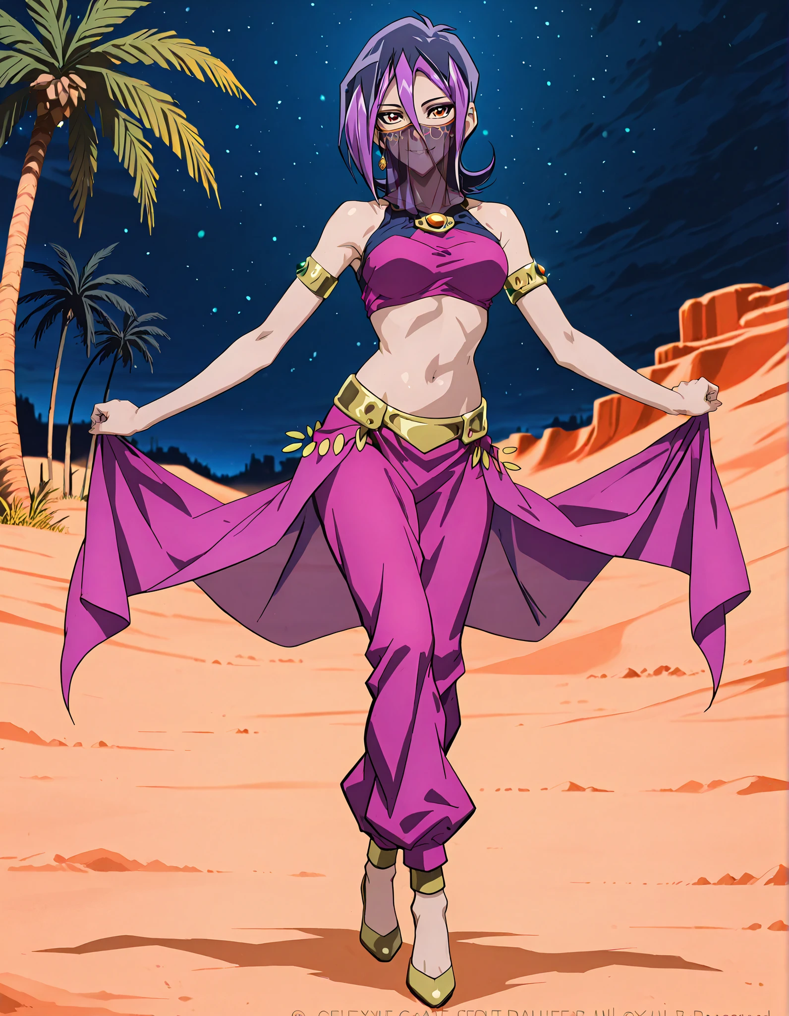 (1girl:1 . 5) , (Seul:1 . 5) , score_9 , score_8_haut , score_7_haut , source_anime , Official work , ultra-detailed , masterpiece , better quality , high resolution , beaux yeux , detailed eyes , Detailed face , beautiful detailed eyes,short hair,black hair,purple hair,dyed bangs,hair between eyes,orange eyes,Yu-Gi-Oh Zexal,Droite,Arabian Clothes , Arabian Dancer ,belly dancer costume,belly dancer outfit ,full body,golden jewelery,mouth veil,armlet, belly dancing,night,desert lands,palm tree,seductive smile, dancing with veil, dynamic movement,dance posture, seductive pose