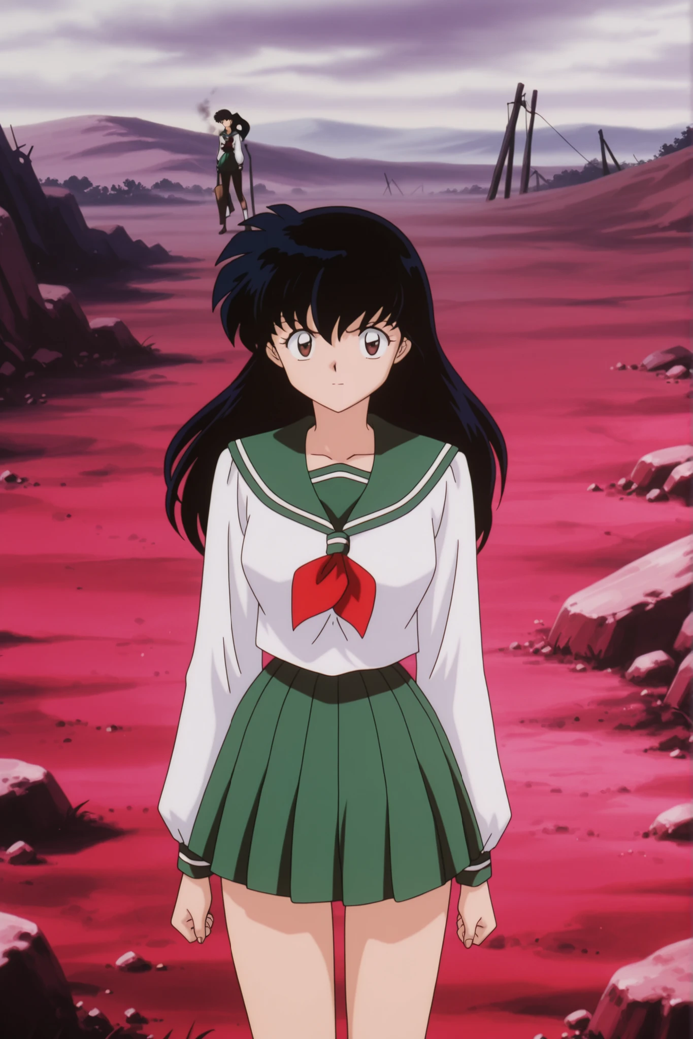 masterpiece,best quality,amazing quality, higurashikagome, masterpiece, best quality, amazing quality,, kagome higurashi, long hair, black hair, retro artstyle, brown eyes, anime screencap, skirt, shirt, long sleeves, school uniform, white shirt, pleated skirt, serafuku, , , green skirt, ,, wasteland, barren, dry, post apocalyptic, desolate, , , cute 🥰, looking at viewer, solo,, cowboy shot, solo , green panyhose , full thighs with green panyhose, standing twords viewer