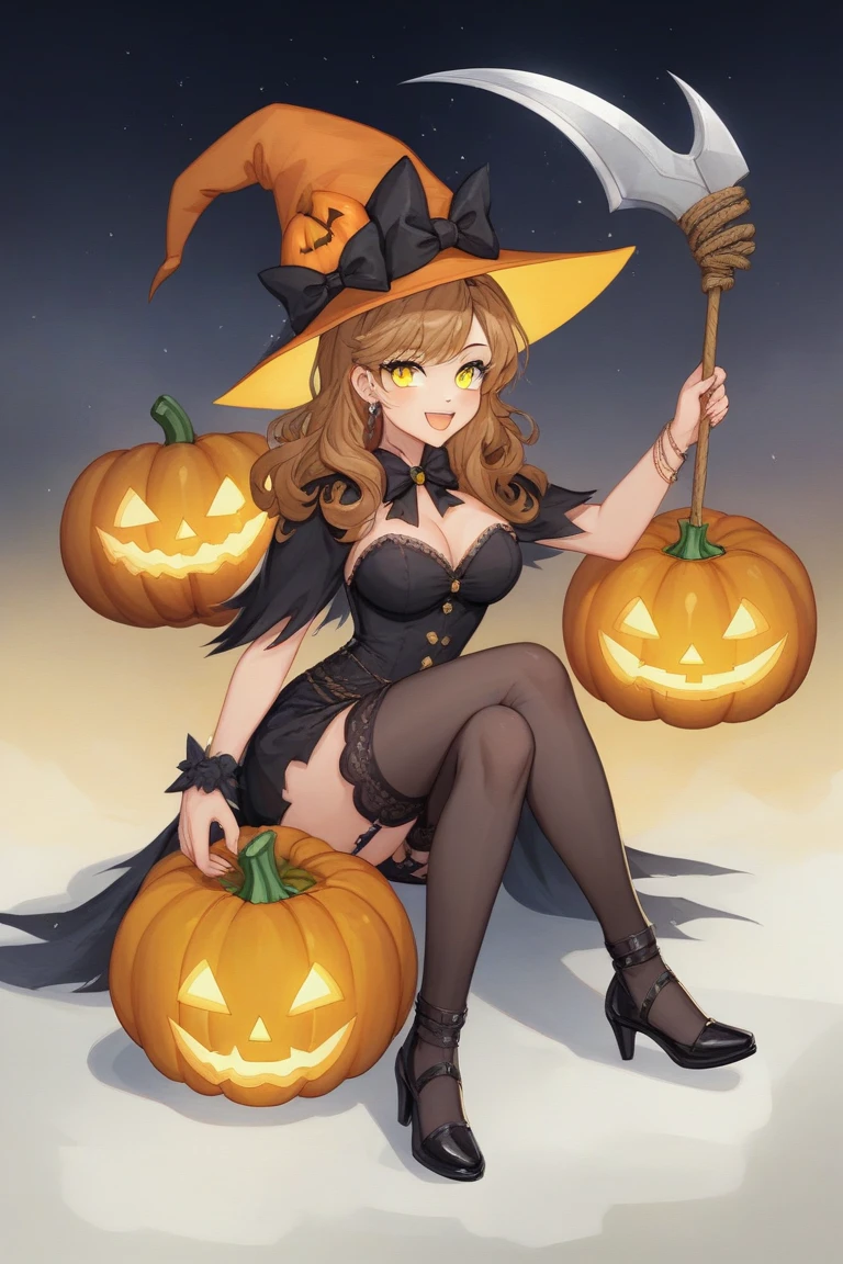 alluring beautiful halloween witch emma watson, frilly sensual gothic striped clothes, pointy hat, barely clothed, with moon and pumkin ornaments, pumkin ??????, ?????? made of pumkins, frilly striped gloves and long socks, exposed ???????, exposed ??????, sitting on a big pumkin, fullmoon night, Fantasy Theme, Beautiful D&D Character Portrait, Ominous, Dark Fantasy, Detailed, Digital Art, Extreme Detail, Polished, Beautiful, Hyperdetailed, Intricate, Elaborate, Meticulous, Anime Character, Detailed, Anime Face, Sharp Focus, Unreal Engine, 3d Rendered, Volumetric Lighting, Reflections, Glossy, Digital Illustration, Sensual Pose, Suggestive Pose, ????, Full Body Shot, anatomically correct, legs spreaded, sitting on a pumkin💖❤💕💋❣