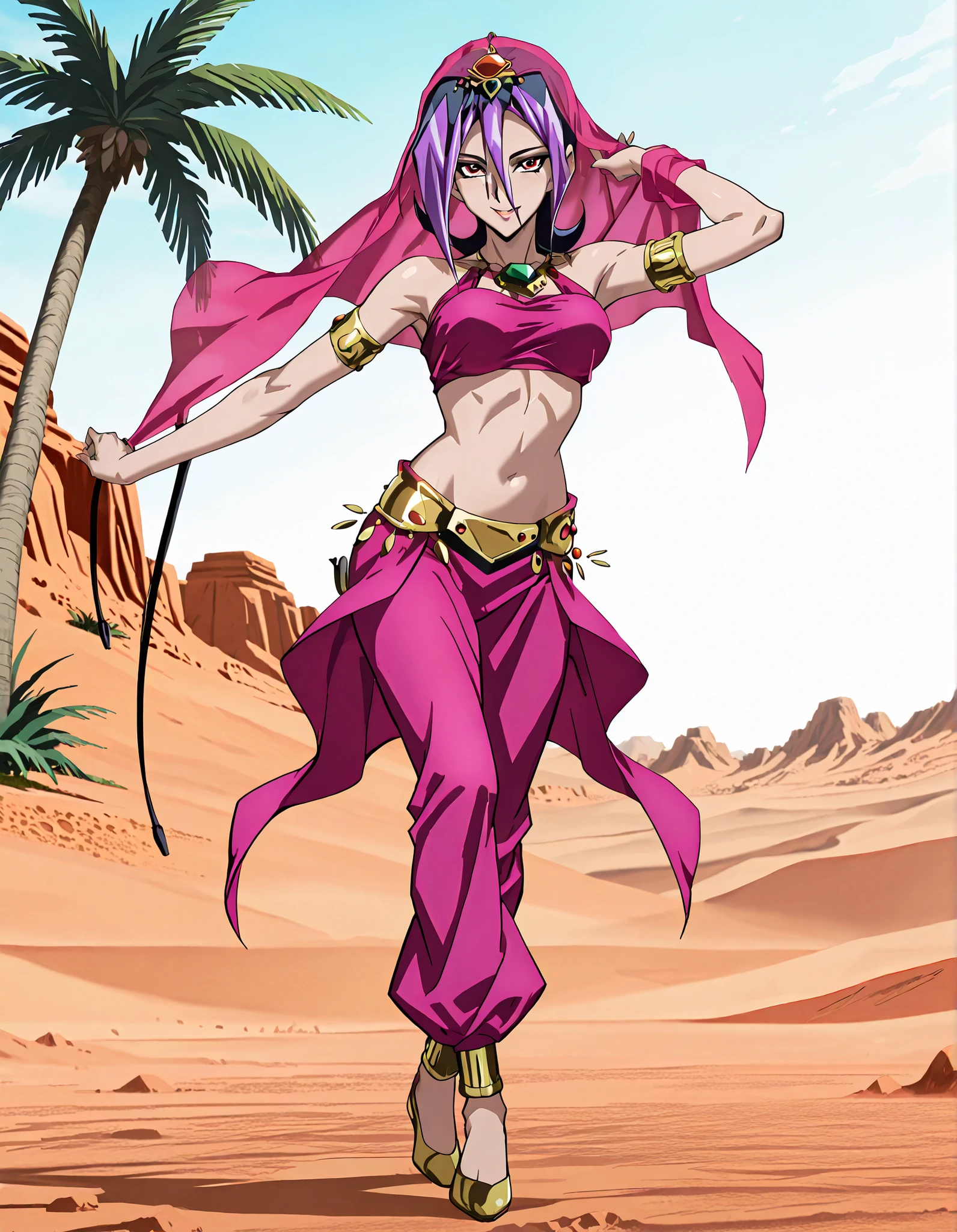 (1girl:1 . 5) , (Seul:1 . 5) , score_9 , score_8_haut , score_7_haut , source_anime , Official work , ultra-detailed , masterpiece , better quality , high resolution , beaux yeux , detailed eyes , Detailed face , beautiful detailed eyes,short hair,black hair,purple hair,dyed bangs,hair between eyes,orange eyes,Yu-Gi-Oh Zexal,Droite,Arabian Clothes , Arabian Dancer ,belly dancer costume,belly dancer outfit ,full body,golden jewelery,armlet, belly dancing,desert lands,palm tree,seductive smile, dancing with veil, dynamic movement,dance posture, seductive pose