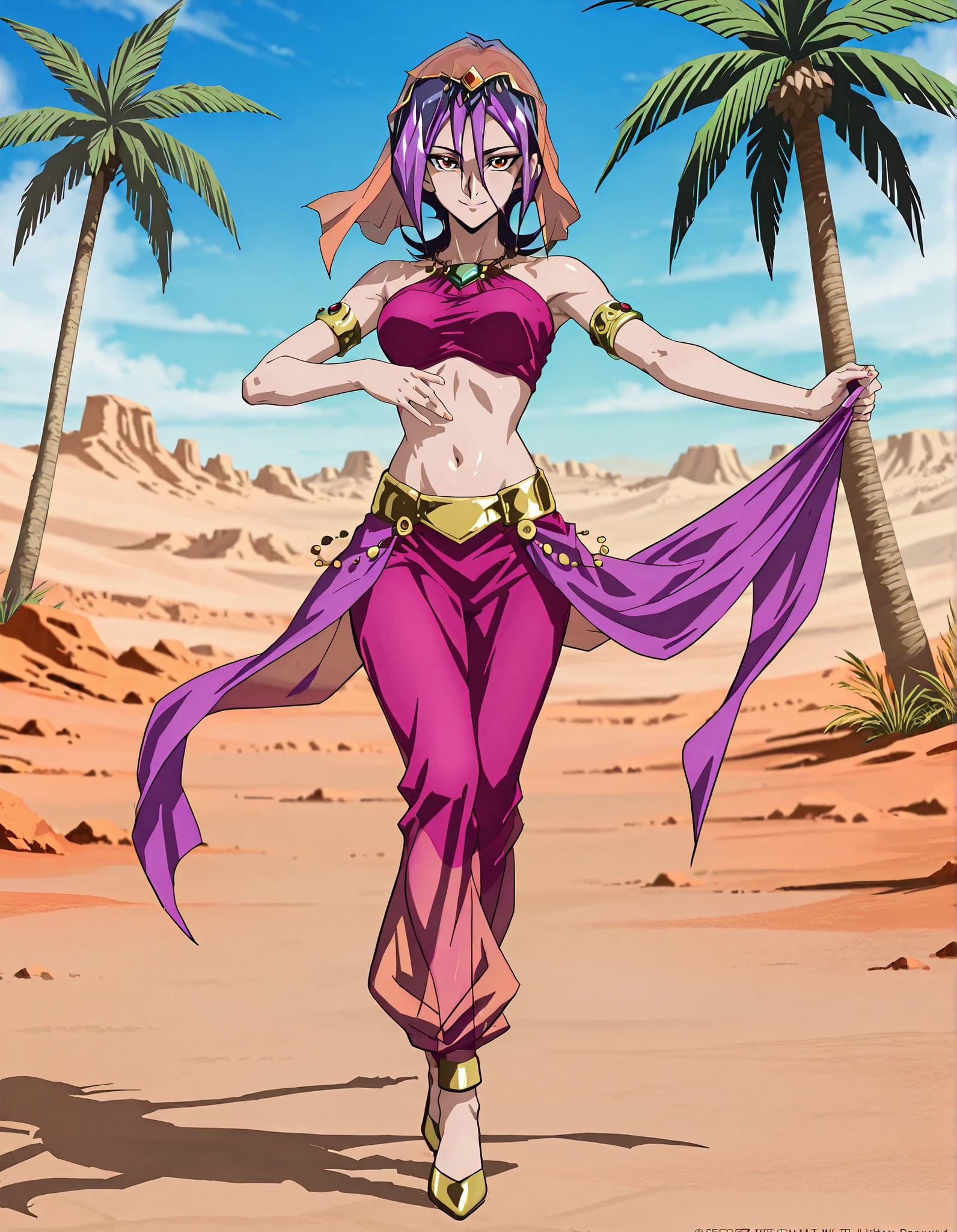 (1girl:1 . 5) , (Seul:1 . 5) , score_9 , score_8_haut , score_7_haut , source_anime , Official work , ultra-detailed , masterpiece , better quality , high resolution , beaux yeux , detailed eyes , Detailed face , beautiful detailed eyes,short hair,black hair,purple hair,dyed bangs,hair between eyes,orange eyes,Yu-Gi-Oh Zexal,Droite,Arabian Clothes , Arabian Dancer ,belly dancer costume,belly dancer outfit ,full body,golden jewelery,armlet, belly dancing,desert lands,palm tree,seductive smile, dancing with veil, dynamic movement,dance posture, seductive pose