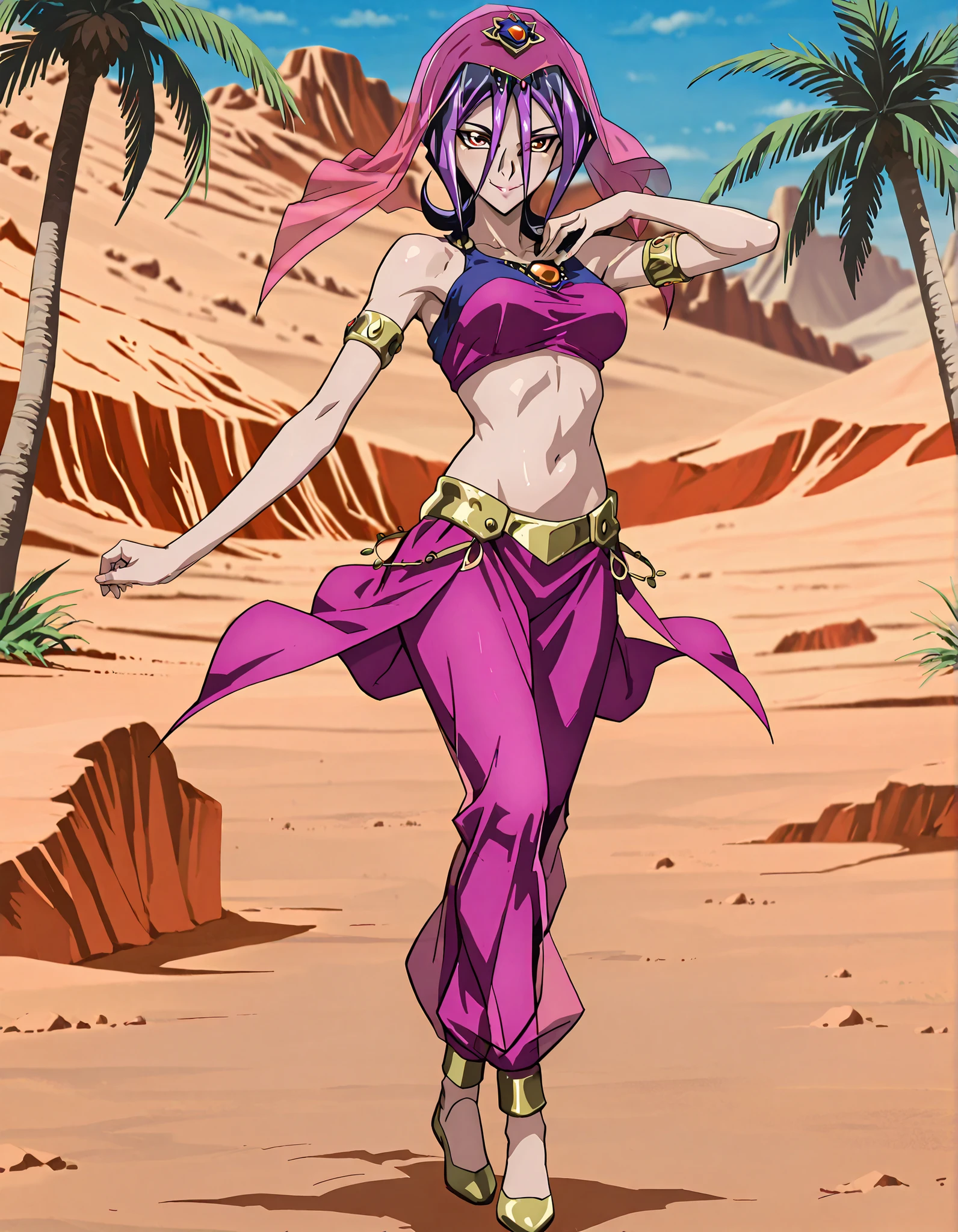 (1girl:1 . 5) , (Seul:1 . 5) , score_9 , score_8_haut , score_7_haut , source_anime , Official work , ultra-detailed , masterpiece , better quality , high resolution , beaux yeux , detailed eyes , Detailed face , beautiful detailed eyes,short hair,black hair,purple hair,dyed bangs,hair between eyes,orange eyes,Yu-Gi-Oh Zexal,Droite,Arabian Clothes , Arabian Dancer ,belly dancer costume,belly dancer outfit ,full body,golden jewelery,armlet, belly dancing,desert lands,palm tree,seductive smile, dancing with veil, dynamic movement,dance posture, pose