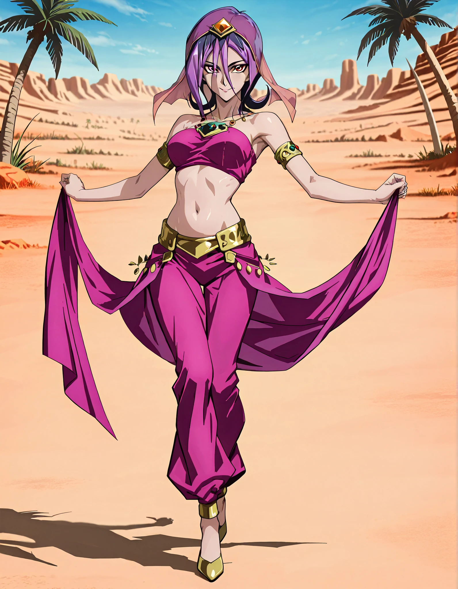 (1girl:1 . 5) , (Seul:1 . 5) , score_9 , score_8_haut , score_7_haut , source_anime , Official work , ultra-detailed , masterpiece , better quality , high resolution , beaux yeux , detailed eyes , Detailed face , beautiful detailed eyes,short hair,black hair,purple hair,dyed bangs,hair between eyes,orange eyes,Yu-Gi-Oh Zexal,Droite,Arabian Clothes , Arabian Dancer ,belly dancer costume,belly dancer outfit ,full body,golden jewelery,armlet, belly dancing,desert lands,palm tree,seductive smile, dancing with veil, dynamic movement,dance posture, pose