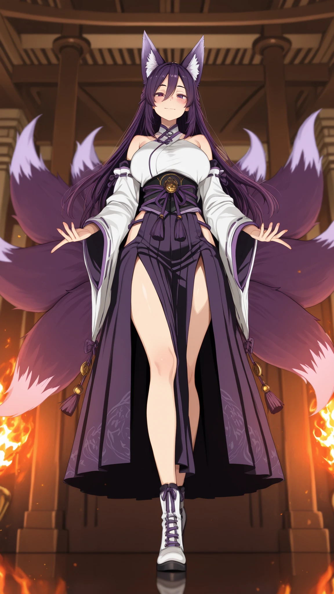 Solo,1 girl,Kitsuné,purple hair,long hair,six Fox tails, purple tail, tail tip soft color,hd, másterpiece, absurd,, Big saggy breast, inlove gaze, , blush,masterpiece,best quality,amazing quality,anime coloring,masterpiece,best quality,amazing quality,anime coloring,,Glamorous Light , brightly colored, shallow depth of field , photogenic, super high resolution, RAW Photo, ( best quality:1.2, highly detailed , high detailed CG illustration , Soft Focus , Masterpiece:1.2, Best Aesthetics),)) ,4 fingers,fire,exposed shoulders,