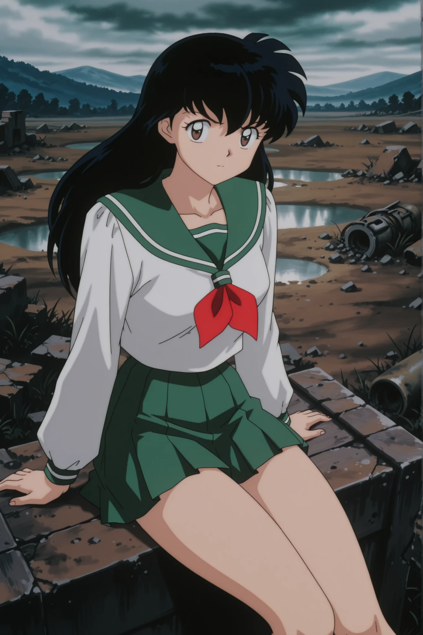 masterpiece,best quality,amazing quality, higurashikagome, masterpiece, best quality, amazing quality,, kagome higurashi, long hair, black hair, retro artstyle, brown eyes, anime screencap, skirt, shirt, long sleeves, school uniform, white shirt, pleated skirt, serafuku, , , green skirt, ,, wasteland, barren, dry, post apocalyptic, desolate, , , cute 🥰, looking at viewer, solo,, cowboy shot, solo , green panyhose , full thighs with green panyhose, sitting twords viewer