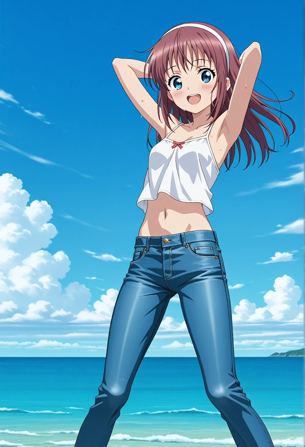 score_9, score_8_up, score_7_up, source_anime, highres, hi res, ((best quality, top quality, perfect quality, Highest Quality, amazing quality)), {{masterpiece}}, {{an extremely delicate and beautiful}}, 2d, intricate details, official style, anime, 8k, anime style, official_anime, official art, digital painting, cell shading, soft shading, high resolution, soothing tones, Subdued Color, Soft cinematic light, adobe lightroom, photolab, HDR, intricately and hyper-detailed, ((high quality animation)), 1 girl, Alone, solo, ((ocean)), tsunami, on the water, day, sunny, outdoors, sky, windy, HitomiDOA, brown hair, blue eyes, long hair, sidelocks, hairband, white hairband, anime screencap, small , white camisole top, crop top, white crop top, best quality, hyper-detailed jeans, ((blue jeans:1.9)), (dark blue jeans:0.6), full medium body, medium shot, Open mouth, smiling, happy face, blush, sweat, standing, ((arms behind head:6.0)), bowlegged, sliding pose, action, looking at viewer, , Bend knees slightly, straight-on front view