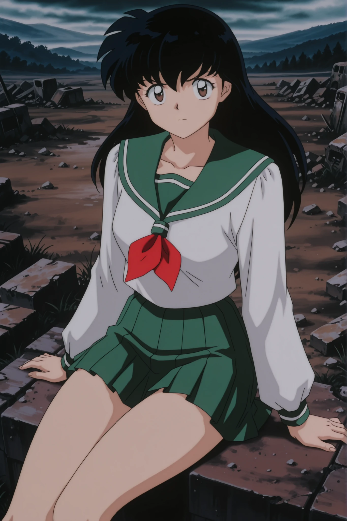 masterpiece,best quality,amazing quality, higurashikagome, masterpiece, best quality, amazing quality,, kagome higurashi, long hair, black hair, retro artstyle, brown eyes, anime screencap, skirt, shirt, long sleeves, school uniform, white shirt, pleated skirt, serafuku, , , green skirt, ,, wasteland, barren, dry, post apocalyptic, desolate, , , cute 🥰, looking at viewer, solo,, cowboy shot, solo , green panyhose , full thighs with green panyhose, sitting twords viewer