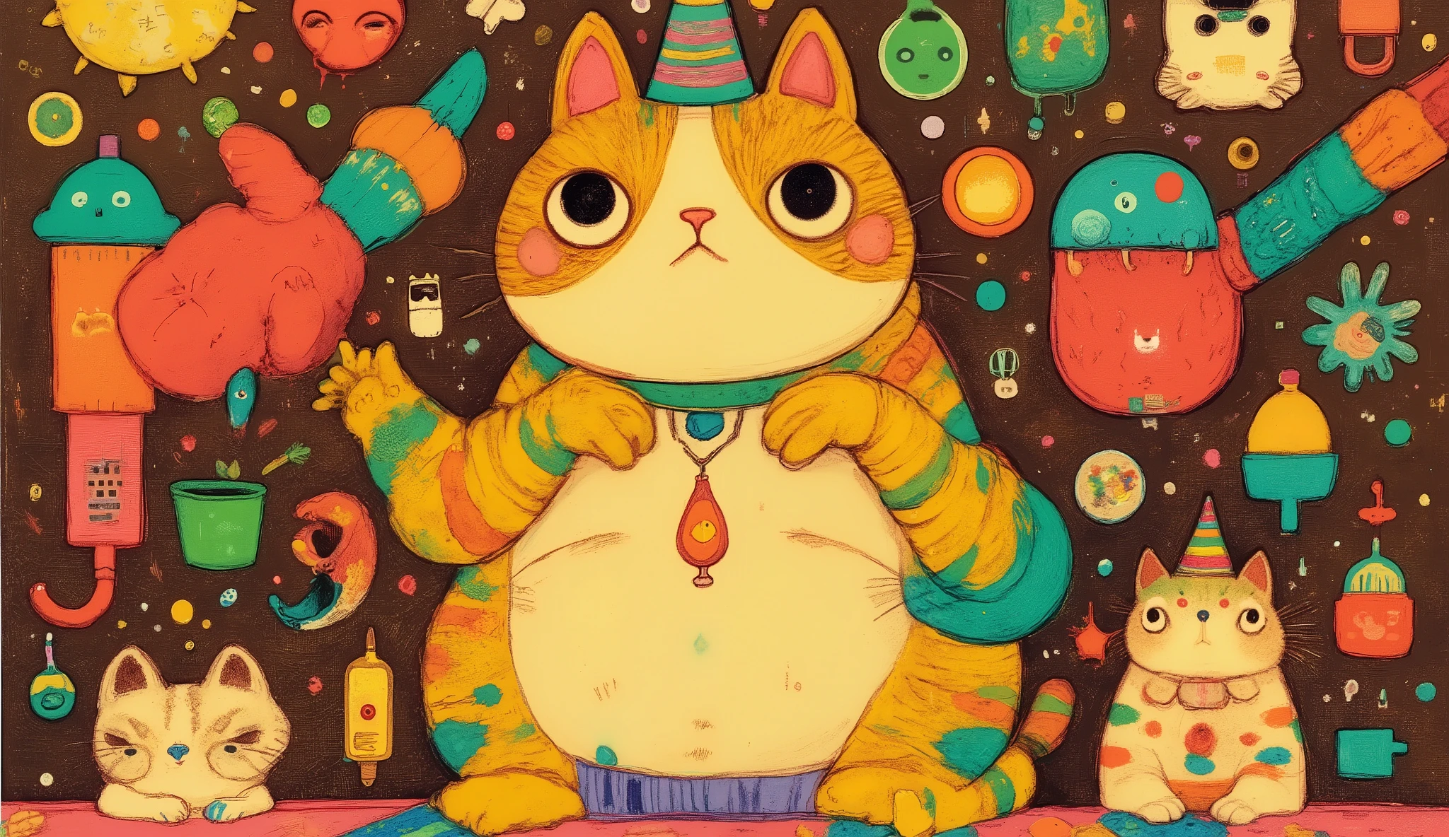 horror,This image features a colorful and abstract composition、The figure of an anthropomorphic cat from a vibrant cartoon is depicted in various shapes,red, green, green, Yellow,中央の焚火の側のネコは小さなYellowい王冠をかぶった白いデブ猫,Surrounding this fat cat is a combination of whimsical objects and other cat characters,Creature with striped body,cat character wearing a pointed hat,layered abstract shaped background,dark brown creates a clear contrast that emphasizes vivid colors,playful surreal atmosphere,Yellowを含む明るい色,intricate and imaginative details in a lively scene,Lots of cat animal character details