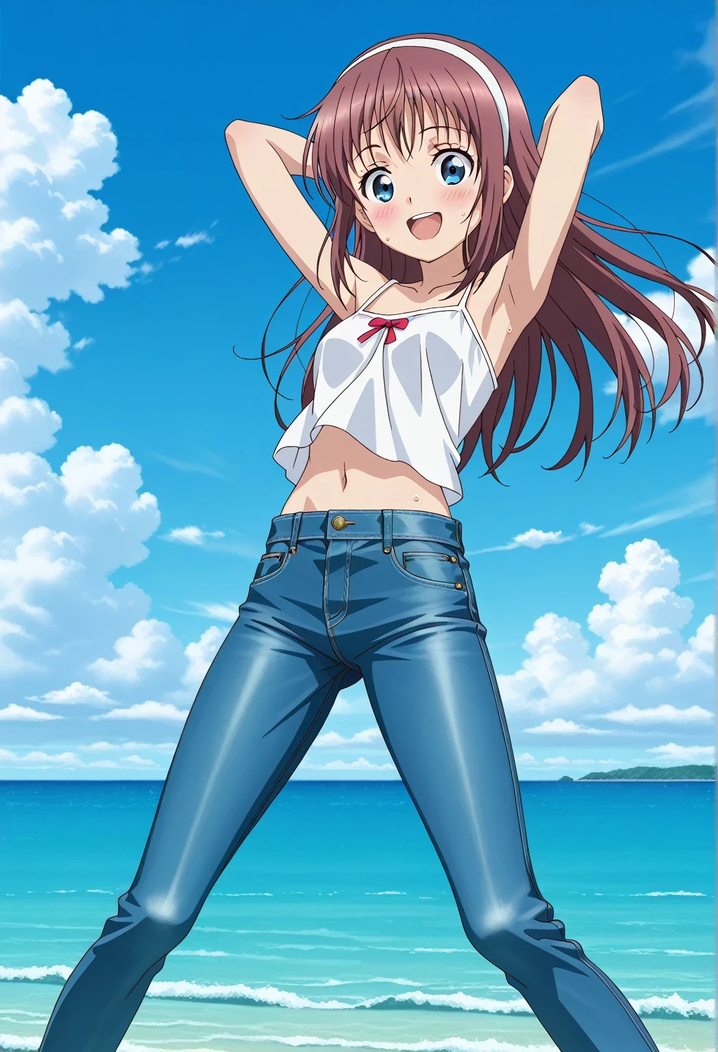 score_9, score_8_up, score_7_up, source_anime, highres, hi res, ((best quality, top quality, perfect quality, Highest Quality, amazing quality)), {{masterpiece}}, {{an extremely delicate and beautiful}}, 2d, intricate details, official style, anime, 8k, anime style, official_anime, official art, digital painting, cell shading, soft shading, high resolution, soothing tones, Subdued Color, Soft cinematic light, adobe lightroom, photolab, HDR, intricately and hyper-detailed, ((high quality animation)), 1 girl, Alone, solo, ((ocean)), tsunami, on the water, day, sunny, outdoors, sky, windy, HitomiDOA, brown hair, blue eyes, long hair, sidelocks, hairband, white hairband, anime screencap, small , white camisole top, crop top, white crop top, best quality, hyper-detailed jeans, ((blue jeans:1.9)), (dark blue jeans:0.6), full medium body, medium shot, Open mouth, smiling, happy face, blush, sweat, standing, ((arms behind head:6.0)), bowlegged, jumping pose, action, looking at viewer, , Bend knees slightly, straight-on front view