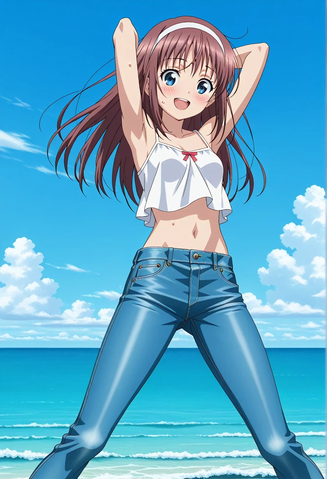 score_9, score_8_up, score_7_up, source_anime, highres, hi res, ((best quality, top quality, perfect quality, Highest Quality, amazing quality)), {{masterpiece}}, {{an extremely delicate and beautiful}}, 2d, intricate details, official style, anime, 8k, anime style, official_anime, official art, digital painting, cell shading, soft shading, high resolution, soothing tones, Subdued Color, Soft cinematic light, adobe lightroom, photolab, HDR, intricately and hyper-detailed, ((high quality animation)), 1 girl, Alone, solo, ((ocean)), tsunami, on the water, day, sunny, outdoors, sky, windy, HitomiDOA, brown hair, blue eyes, long hair, sidelocks, hairband, white hairband, anime screencap, small , white camisole top, crop top, white crop top, best quality, hyper-detailed jeans, ((blue jeans:1.9)), (dark blue jeans:0.6), full medium body, medium shot, Open mouth, smiling, happy face, blush, sweat, standing, ((arms behind head:6.0)), bowlegged, jumping pose, action, looking at viewer, , Bend knees slightly, straight-on front view