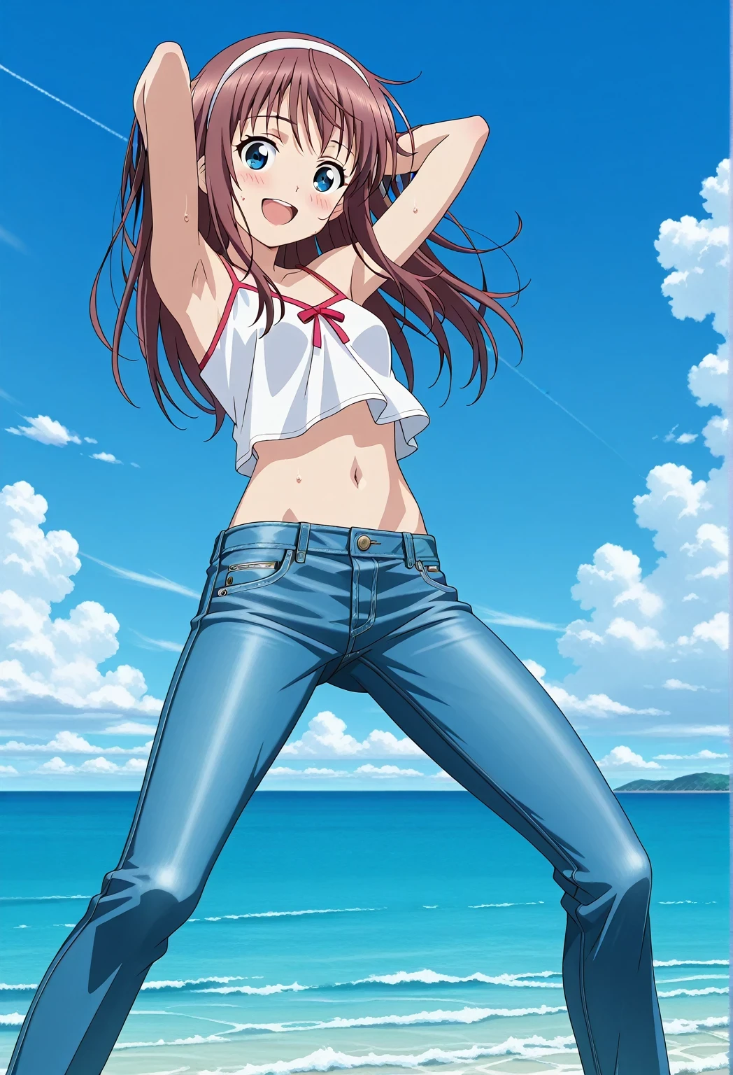 score_9, score_8_up, score_7_up, source_anime, highres, hi res, ((best quality, top quality, perfect quality, Highest Quality, amazing quality)), {{masterpiece}}, {{an extremely delicate and beautiful}}, 2d, intricate details, official style, anime, 8k, anime style, official_anime, official art, digital painting, cell shading, soft shading, high resolution, soothing tones, Subdued Color, Soft cinematic light, adobe lightroom, photolab, HDR, intricately and hyper-detailed, ((high quality animation)), 1 girl, Alone, solo, ((ocean)), tsunami, on the water, day, sunny, outdoors, sky, windy, HitomiDOA, brown hair, blue eyes, long hair, sidelocks, hairband, white hairband, anime screencap, small , white camisole top, crop top, white crop top, best quality, hyper-detailed jeans, ((blue jeans:1.9)), (dark blue jeans:0.6), full medium body, medium shot, Open mouth, smiling, happy face, blush, sweat, standing, ((arms behind head:6.0)), bowlegged, jumping pose, action, looking at viewer, , Bend knees slightly, straight-on front view