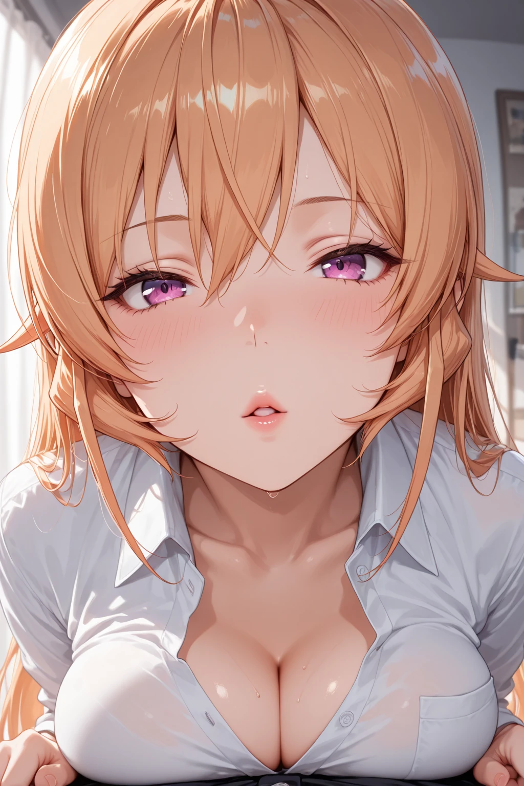 masterpiece, absurdres, best quality, ultra detailed, high Resolution, detailed illustration, bright colour, (extremely beautiful detailed face and eyes, Delicate beautiful face, 1 girl, 18yo, cute face:1.3), (magenta eyes:1.1), sparkling eyes, big eyes, small , (perky :1.1), (pointy :1.1), medium , glamorous body, white skin, BREAK, (blonde hair:0.8), messy hair, detailed hair, shiny hair, BREAK (down blouse, casual dress with print:1.3), perfect lighting, (, vulgarity:1.5), (embarrassed:1.3), ( pose:1.3), 