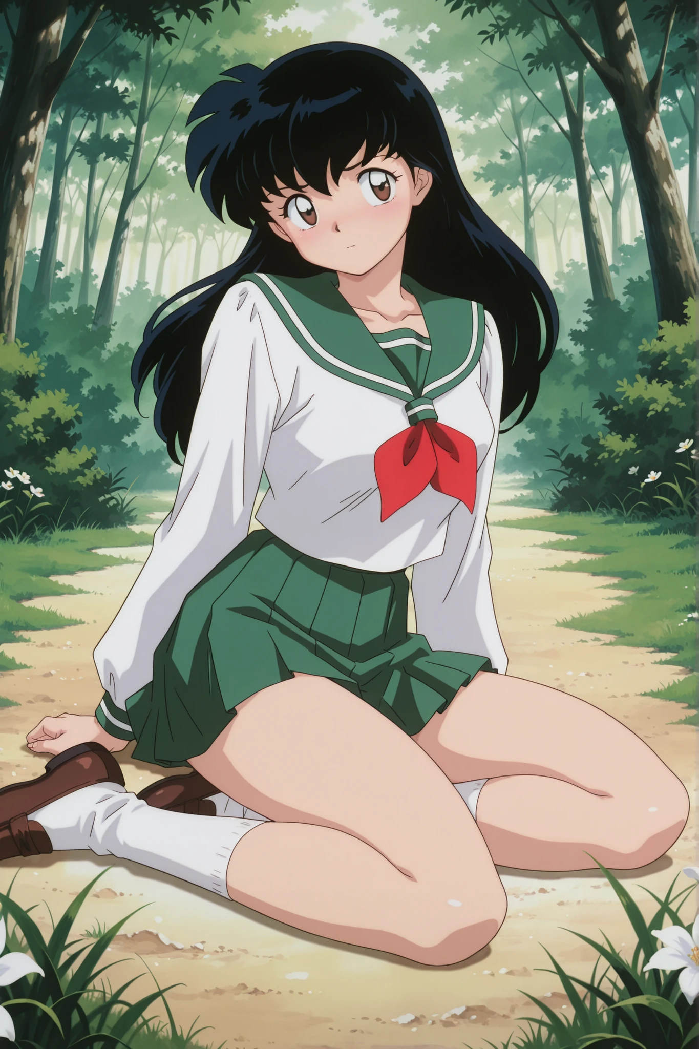 masterpiece,best quality,amazing quality, higurashikagome, masterpiece, best quality, amazing quality,, kagome higurashi, long hair, black hair, retro artstyle, brown eyes, anime screencap, skirt, shirt, long sleeves, school uniform, white shirt, pleated skirt, serafuku, , , green skirt, ,, Green forest , Green Grass , , flowers، , , , , cute 🥰, looking at viewer, solo,, cowboy shot, solo , green panyhose , full thighs with green panyhose, sitting on the ground , loafers, white socks