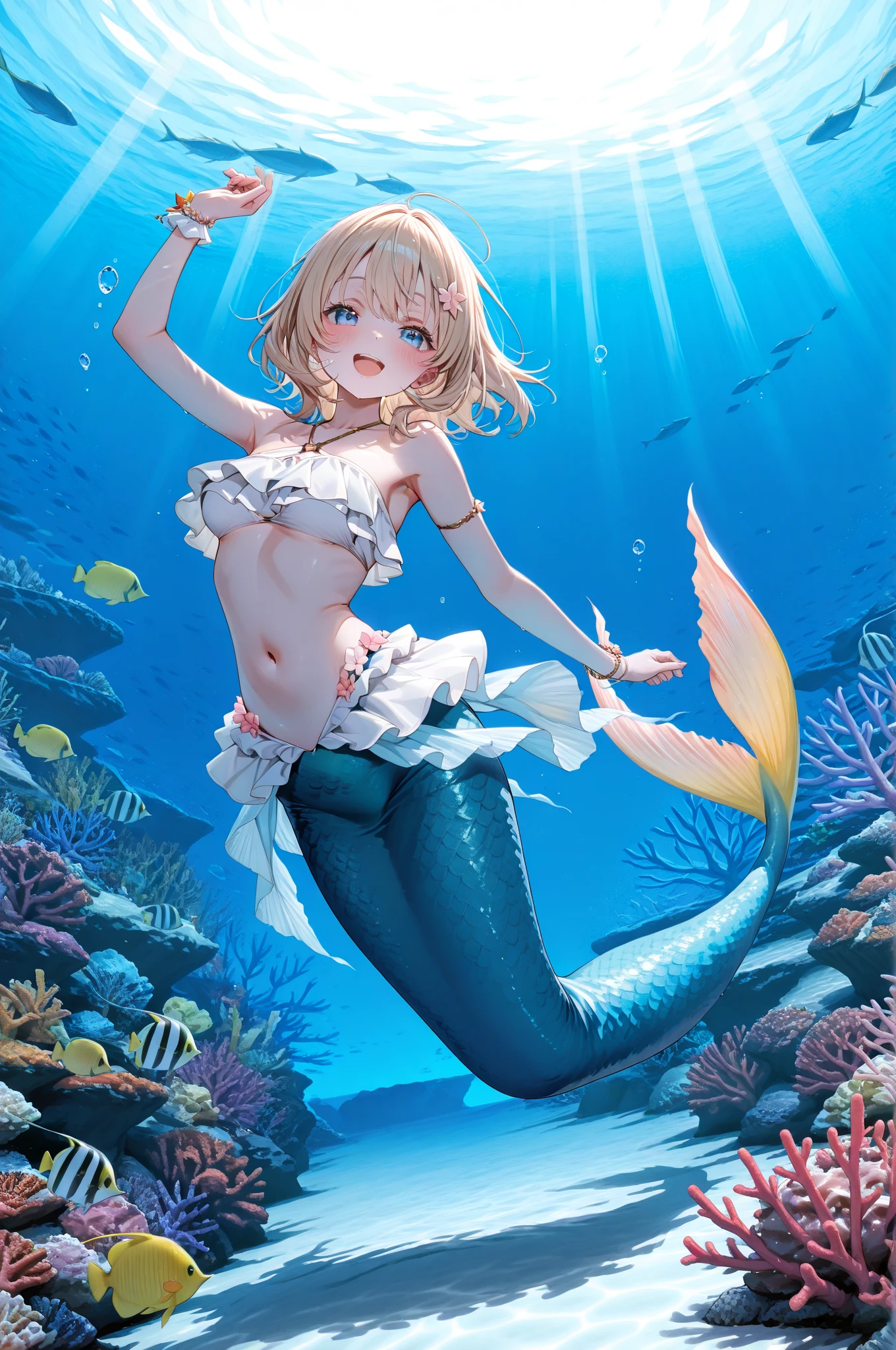 (kinako_(shiratama_mochi) style, mermaid, ((???????)), ????, masterpiece, underwater, coral reefs, schooling fish, 1 girl, ????? ???????, intricately detailed, navel, ???? shoulders, blonde hair, pearl necklace, fin hair ornaments, under sea, extremely detailed, ???? ???????, puffy ???????, blue eyes, ???? stomach, soaked, ??????????????, arm strap, swimming, teen, soft eyes, smiling, armpit, happy, half open eyes, lusty eyes, blushing, long hair, side bangs