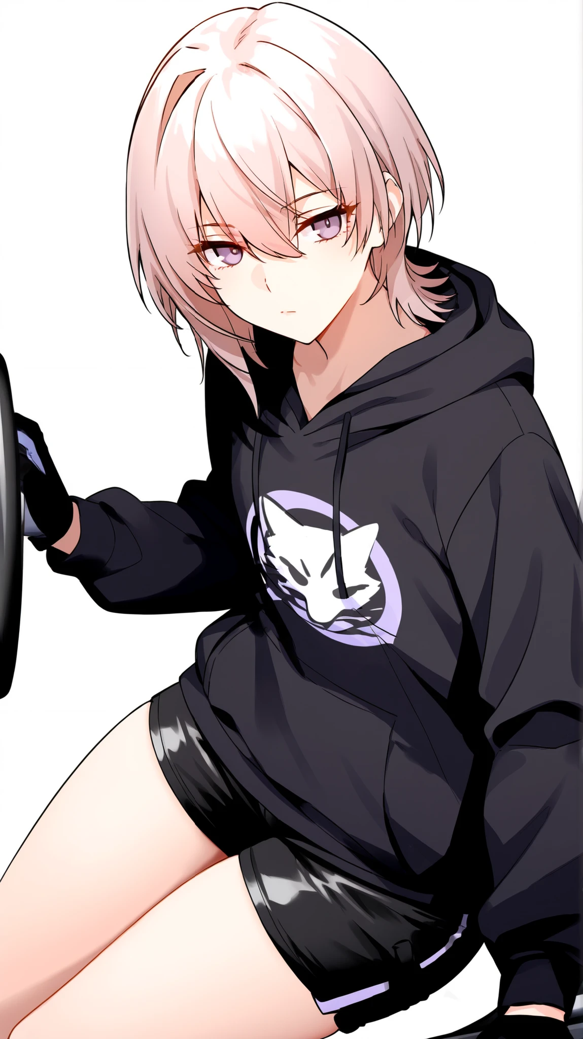 masterpiece, best quality, newest, absurdres, highres, detailed eyes, 1girl, mature, solo, light-white pink hair, short hair, wolf cut, double-parted bangs, swept bangs, single hair intake, hair between eyes, cool serious eyes, light-purple eyes, flat chest, contemporary, black hoodie, black shorts, idol clothes, sleeves, driving gloves, thighs, curvy, posing, simple background, white background,