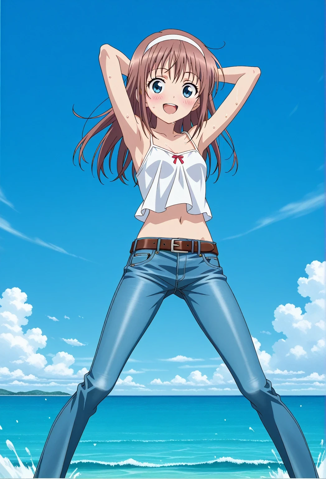score_9, score_8_up, score_7_up, source_anime, highres, hi res, ((best quality, top quality, perfect quality, Highest Quality, amazing quality)), {{masterpiece}}, {{an extremely delicate and beautiful}}, 2d, intricate details, official style, anime, 8k, anime style, official_anime, official art, digital painting, cell shading, soft shading, high resolution, soothing tones, Subdued Color, Soft cinematic light, adobe lightroom, photolab, HDR, intricately and hyper-detailed, ((high quality animation)), 1 girl, Alone, solo, ((ocean)), tsunami, on the water, day, sunny, outdoors, sky, windy, HitomiDOA, brown hair, blue eyes, long hair, sidelocks, hairband, white hairband, anime screencap, small , white camisole top, crop top, white crop top, best quality, hyper-detailed jeans, ((blue jeans:1.9)), (dark blue jeans:0.6), full medium body, medium shot, Open mouth, smiling, happy face, blush, sweat, standing, ((arms behind head:6.0)), bowlegged, jumping pose, action, looking at viewer, , Bend knees slightly, straight-on front view, belt, brown belt