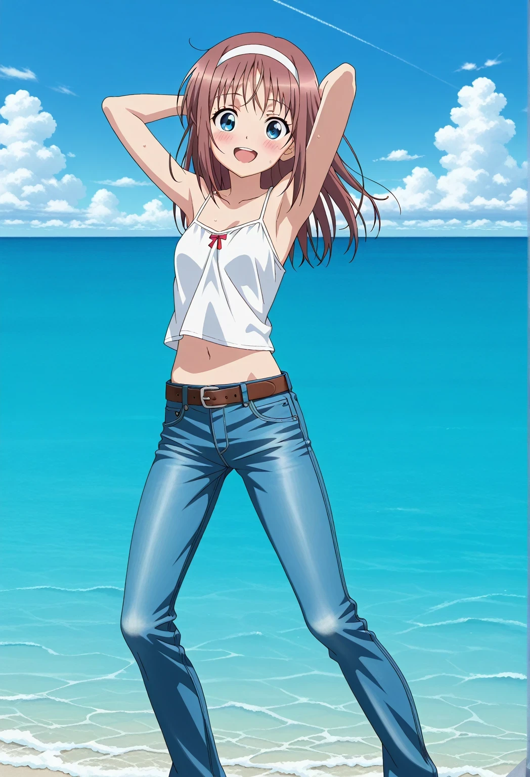 score_9, score_8_up, score_7_up, source_anime, highres, hi res, ((best quality, top quality, perfect quality, Highest Quality, amazing quality)), {{masterpiece}}, {{an extremely delicate and beautiful}}, 2d, intricate details, official style, anime, 8k, anime style, official_anime, official art, digital painting, cell shading, soft shading, high resolution, soothing tones, Subdued Color, Soft cinematic light, adobe lightroom, photolab, HDR, intricately and hyper-detailed, ((high quality animation)), 1 girl, Alone, solo, ((ocean)), tsunami, on the water, day, sunny, outdoors, sky, windy, HitomiDOA, brown hair, blue eyes, long hair, sidelocks, hairband, white hairband, anime screencap, small , white camisole top, crop top, white crop top, best quality, hyper-detailed jeans, ((blue jeans:1.9)), (dark blue jeans:0.6), full medium body, medium shot, Open mouth, smiling, happy face, blush, sweat, standing, ((arms behind head:6.0)), bowlegged, jumping pose, action, looking at viewer, , Bend knees slightly, straight-on front view, belt, brown belt