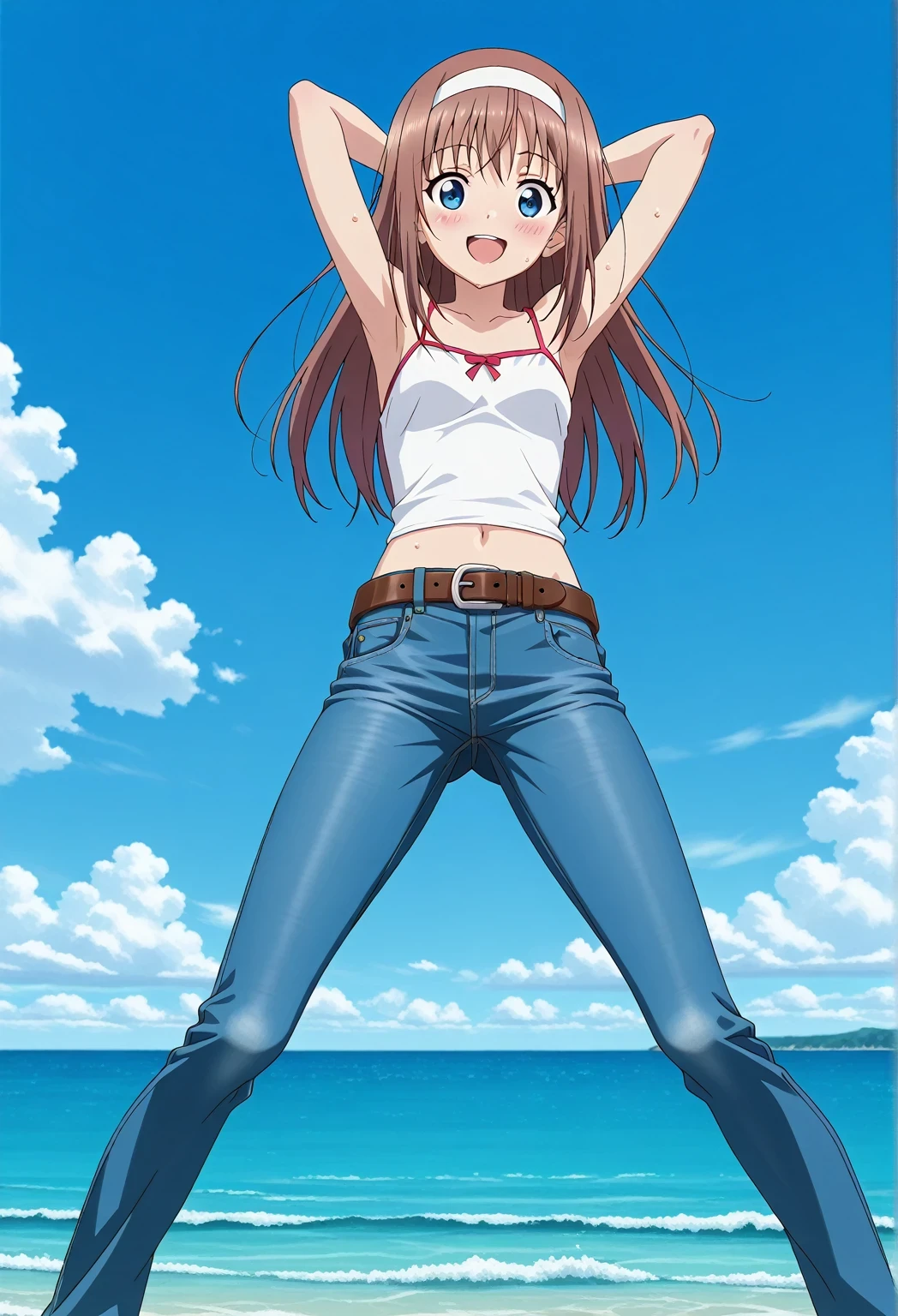 score_9, score_8_up, score_7_up, source_anime, highres, hi res, ((best quality, top quality, perfect quality, Highest Quality, amazing quality)), {{masterpiece}}, {{an extremely delicate and beautiful}}, 2d, intricate details, official style, anime, 8k, anime style, official_anime, official art, digital painting, cell shading, soft shading, high resolution, soothing tones, Subdued Color, Soft cinematic light, adobe lightroom, photolab, HDR, intricately and hyper-detailed, ((high quality animation)), 1 girl, Alone, solo, ((ocean)), tsunami, on the water, day, sunny, outdoors, sky, windy, HitomiDOA, brown hair, blue eyes, long hair, sidelocks, hairband, white hairband, anime screencap, small , white camisole top, crop top, white crop top, best quality, hyper-detailed jeans, ((blue jeans:1.9)), (dark blue jeans:0.6), full medium body, medium shot, Open mouth, smiling, happy face, blush, sweat, standing, ((arms behind head:6.0)), bowlegged, jumping pose, action, looking at viewer, , Bend knees slightly, straight-on front view, belt, brown belt