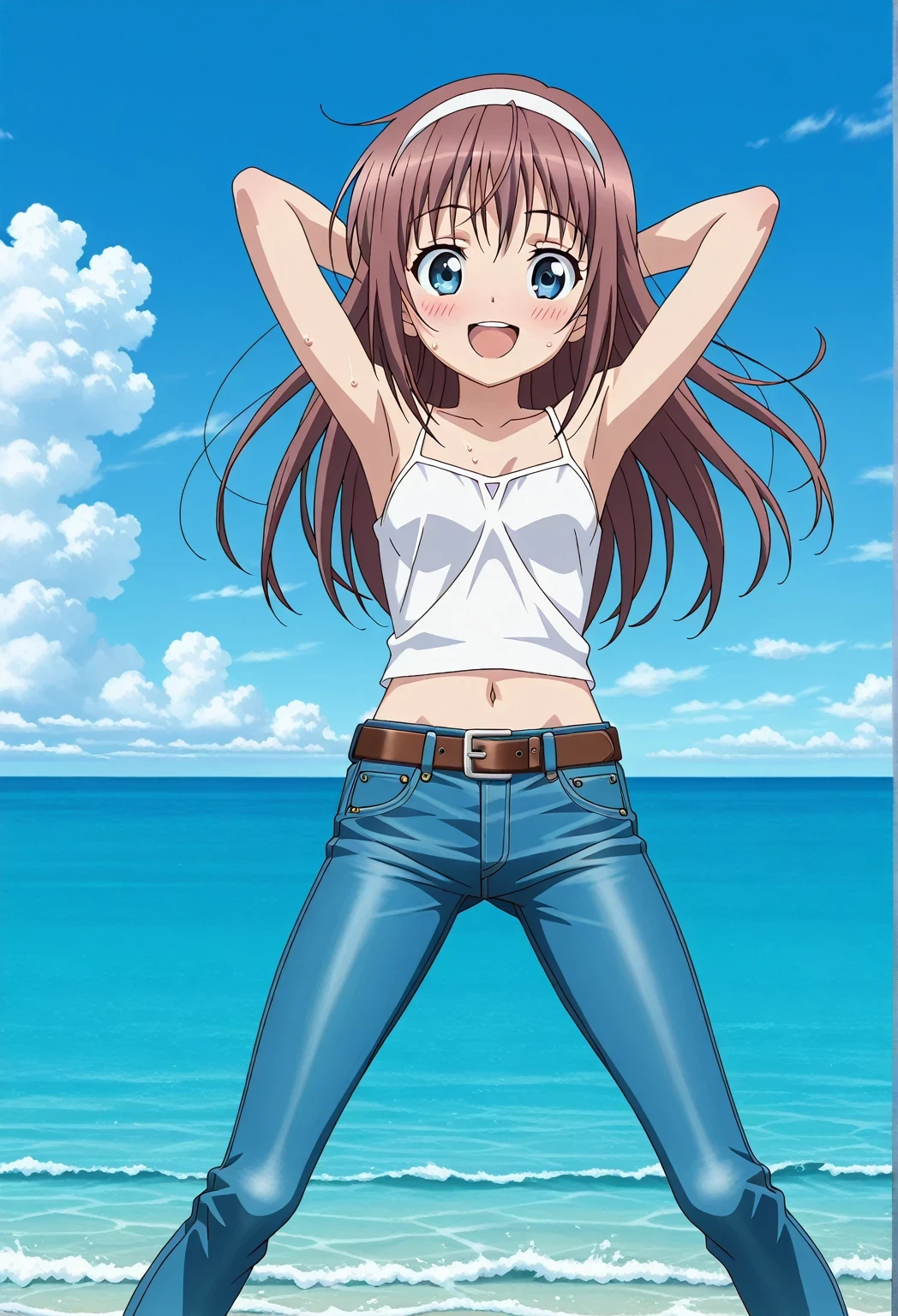 score_9, score_8_up, score_7_up, source_anime, highres, hi res, ((best quality, top quality, perfect quality, Highest Quality, amazing quality)), {{masterpiece}}, {{an extremely delicate and beautiful}}, 2d, intricate details, official style, anime, 8k, anime style, official_anime, official art, digital painting, cell shading, soft shading, high resolution, soothing tones, Subdued Color, Soft cinematic light, adobe lightroom, photolab, HDR, intricately and hyper-detailed, ((high quality animation)), 1 girl, Alone, solo, ((ocean)), tsunami, on the water, day, sunny, outdoors, sky, windy, HitomiDOA, brown hair, blue eyes, long hair, sidelocks, hairband, white hairband, anime screencap, small , white camisole top, crop top, white crop top, best quality, hyper-detailed jeans, ((blue jeans:1.9)), (dark blue jeans:0.6), full medium body, medium shot, Open mouth, smiling, happy face, blush, sweat, standing, ((arms behind head:6.0)), bowlegged, jumping pose, action, looking at viewer, , Bend knees slightly, straight-on front view, belt, brown belt