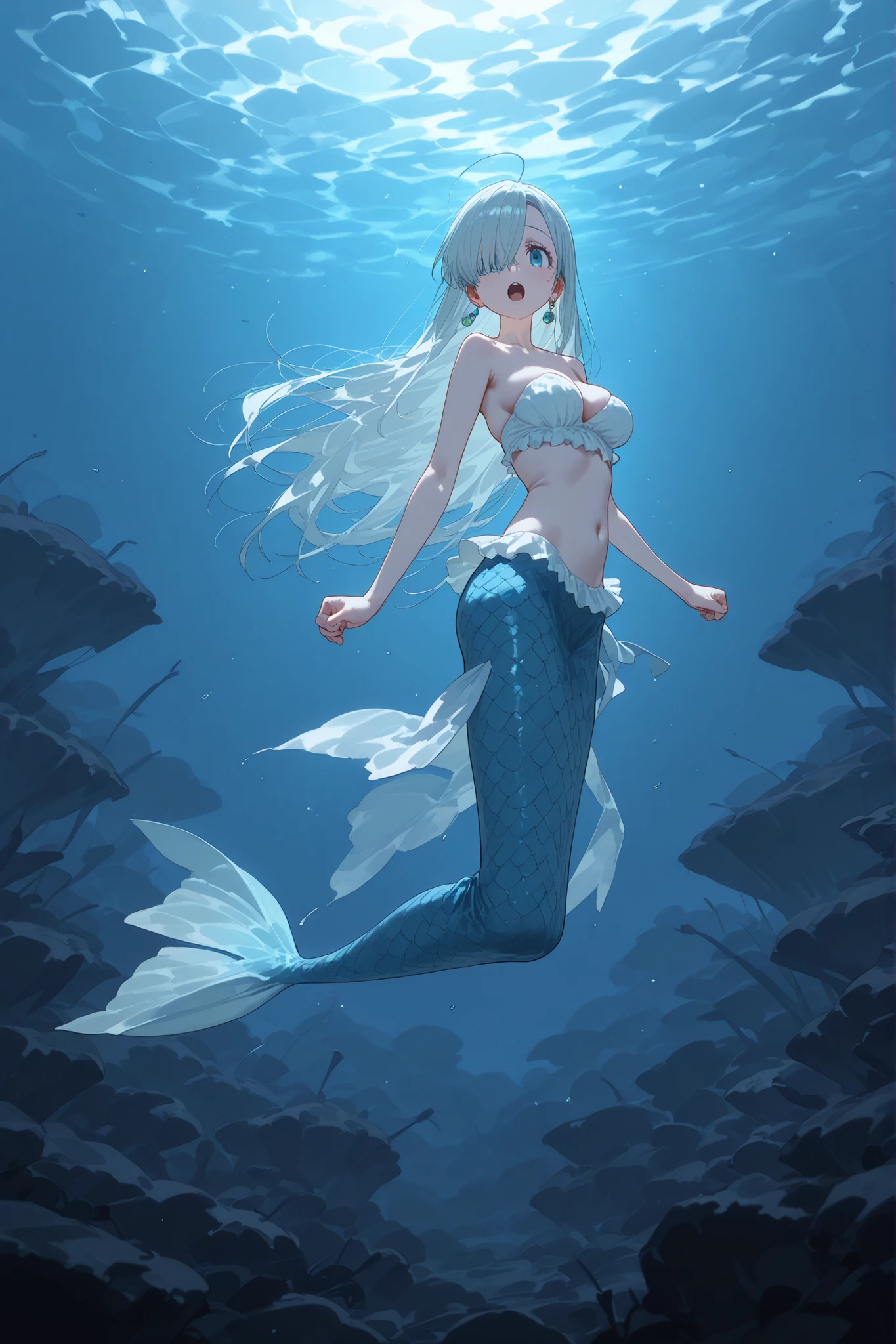 Elizabeth liones,full shot:1.7,slender face:1.5,hair over one eye, silver hair, long hair, blue eyes,白いフリルの水着:1.3,one ear Blue sphere Jewel earring,流し目:1.6,巨乳:1.5,視聴者を見る:1.5,round tooth:1.6,(人魚姫:1.7),Mermaid:1.7,ダイナミックなポーズ:1.6,