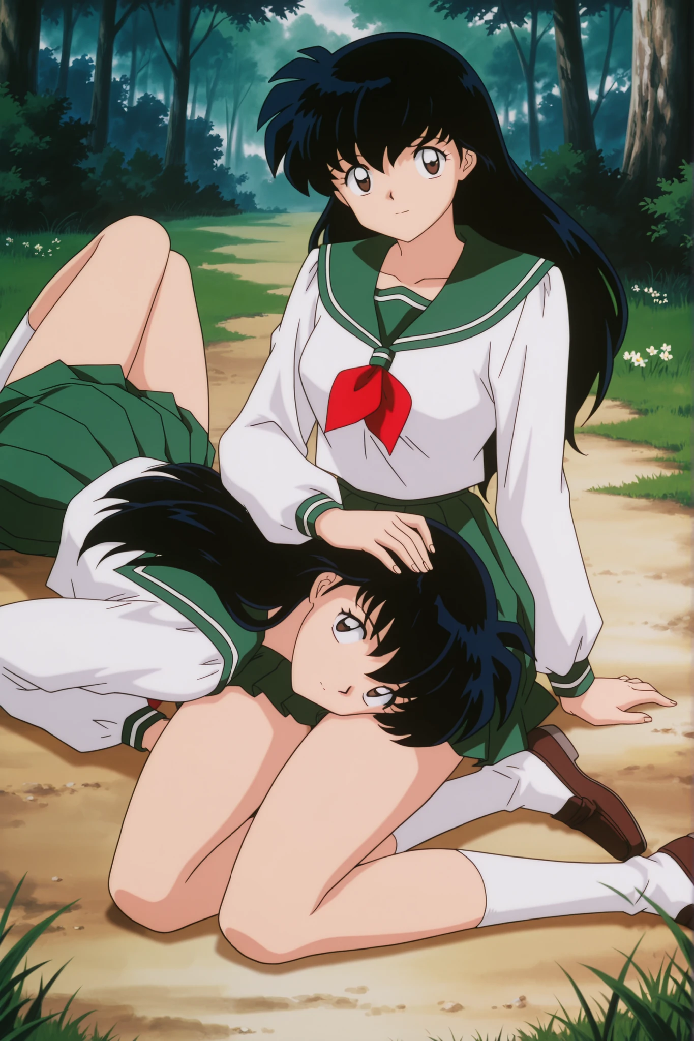 masterpiece,best quality,amazing quality, higurashikagome, masterpiece, best quality, amazing quality,, kagome higurashi, long hair, black hair, retro artstyle, brown eyes, anime screencap, skirt, shirt, long sleeves, school uniform, white shirt, pleated skirt, serafuku, , , green skirt, ,, Green forest , Green Grass , , flowers، , , , , cute 🥰, looking at viewer, solo,, cowboy shot, solo , green panyhose , full thighs with green panyhose, sitting on the ground , loafers, white socks, Add a guy character to the image and Make his head lying on right side of the character's lap like lap pillow styleAdd a guy character to the image and Make his head lying on right side of the character's lap like lap pillow style