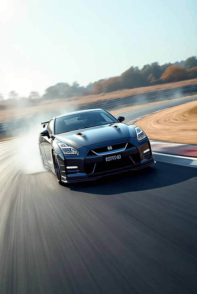 Nissan GTR R35 on a race track cornering aggressively, motion blur ...