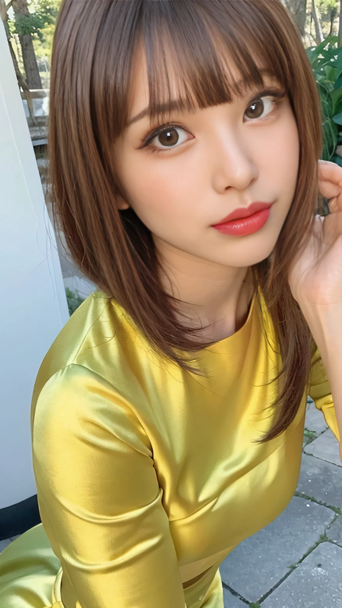 (Portrait),((Fluorescent yellowgreen satin High-Waisted long MermaidSkirt)),(long skirt fits the body),(masterpiece, Highest Quality , Ultra High Accuracy),realistic,very detailed CG,Makeup that lengthens eyelashes,((straight long hair with bangs)),((shiny yellow-green satin china dress)),In the deep forest,(( bright red lipstick to enhance a big vagina)),They're staring at me like they kissed,((face close-up))