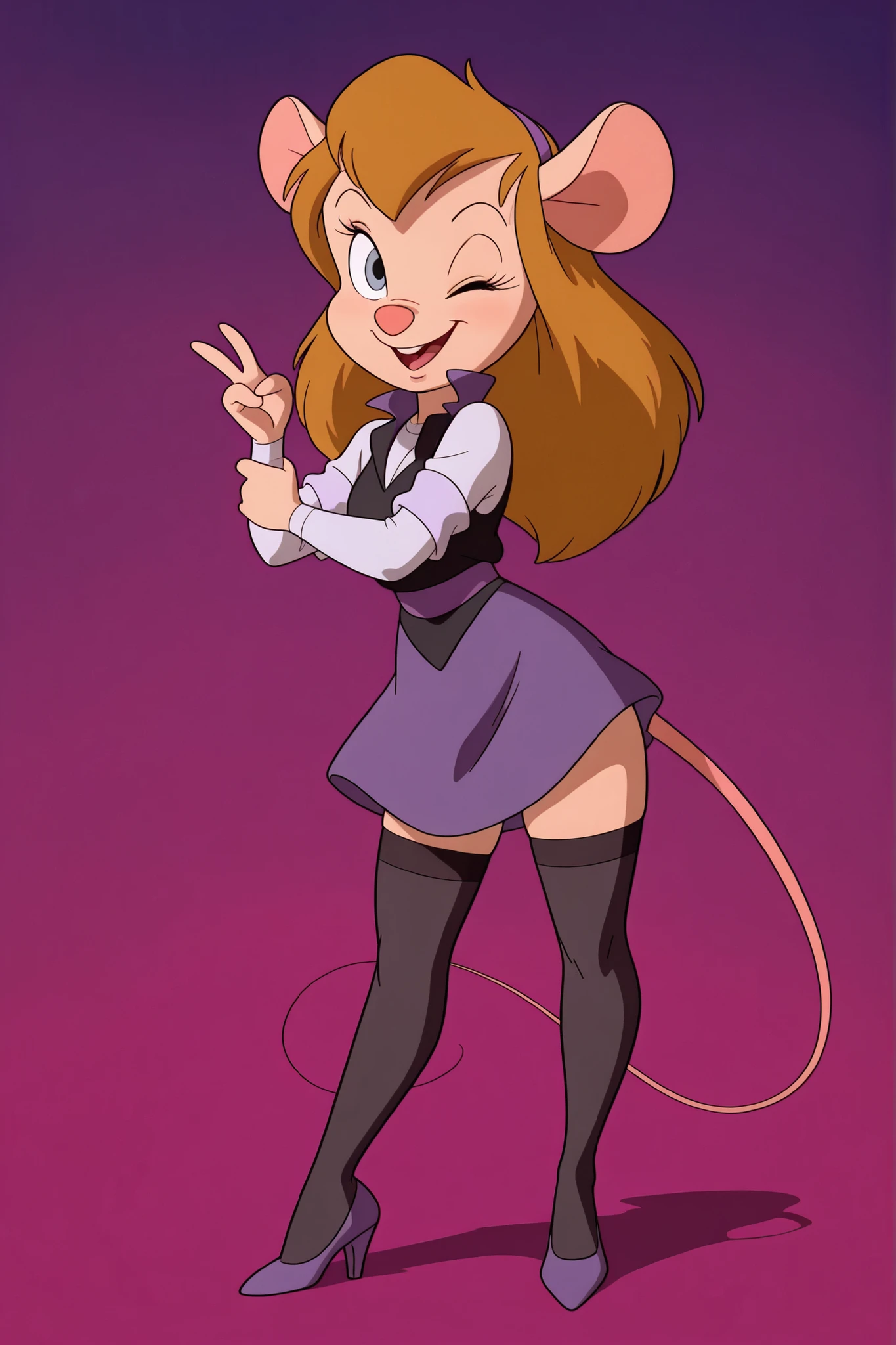masterpiece, amazing quality, best quality, ultra-detailed, 8K, illustration, clear skin, ultra-detailed-eyes, soft skin, very awa, very as2, soft body, 1990s \(style\), official art, ga_ha, 1girl, blue eyes, long hair, animal ears, mouse, tail, hair ornament, earrings, purple eyes, white shirt, black vest, detached sleeves, white sleeves, purple skirt, black thighhighs, high heels, solo, v, one eye closed, smile, open mouth, full body, simple background