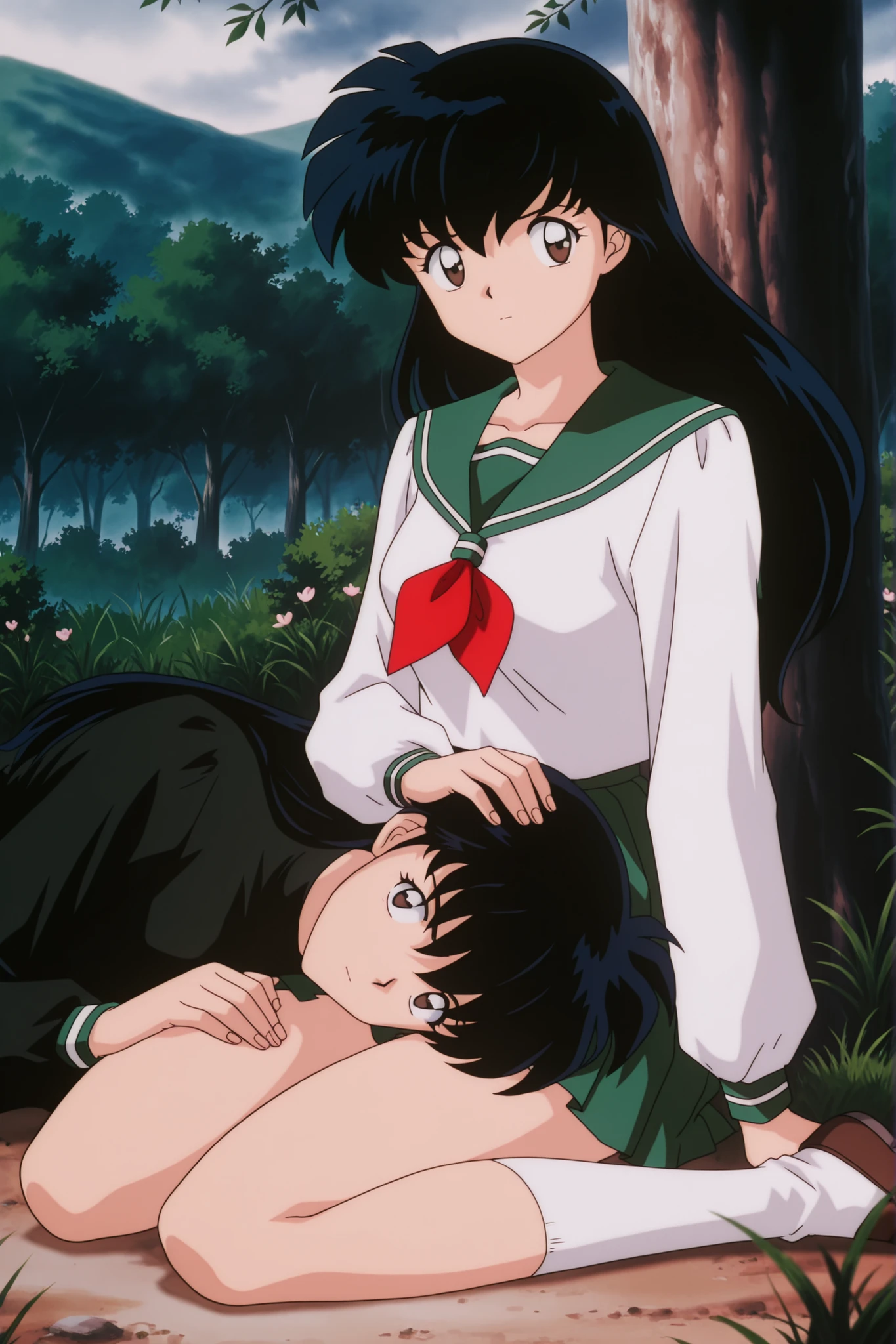 masterpiece,best quality,amazing quality, higurashikagome, masterpiece, best quality, amazing quality,, kagome higurashi, long hair, black hair, retro artstyle, brown eyes, anime screencap, skirt, shirt, long sleeves, school uniform, white shirt, pleated skirt, serafuku, , , green skirt, ,, Green forest , Green Grass , , flowers، , , , , cute 🥰, looking at viewer, solo,, cowboy shot, solo , green panyhose , full thighs with green panyhose, sitting on the ground , loafers, white socks, Add a guy character to the image and Make his head lying on right side of the character's lap like lap pillow styleAdd a man character to the image and Make his head lying on right side of the character's lap like lap pillow style