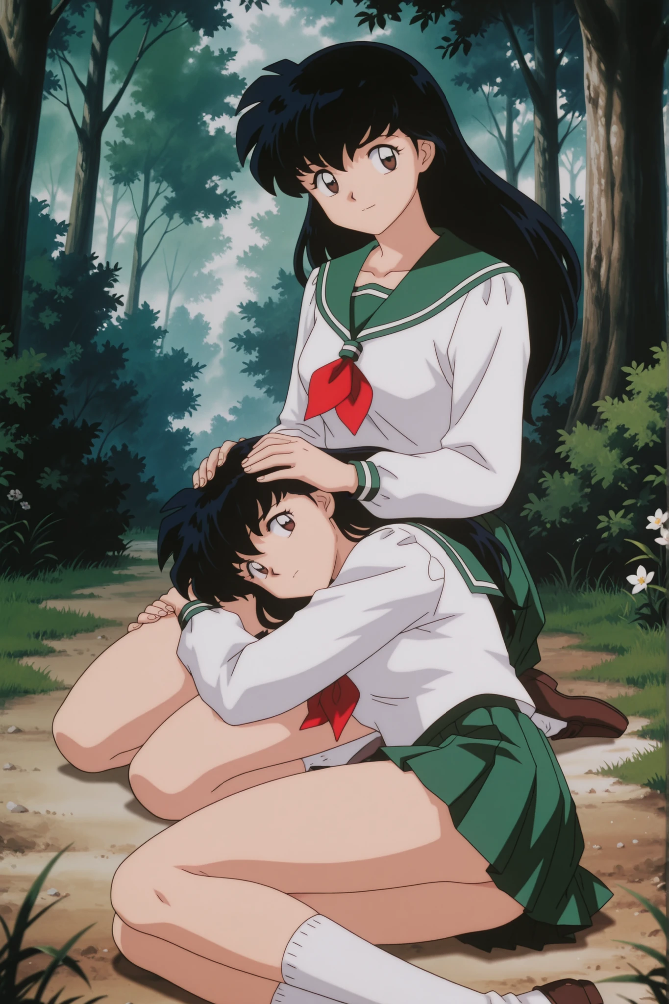 masterpiece,best quality,amazing quality, higurashikagome, masterpiece, best quality, amazing quality,, kagome higurashi, long hair, black hair, retro artstyle, brown eyes, anime screencap, skirt, shirt, long sleeves, school uniform, white shirt, pleated skirt, serafuku, , , green skirt, ,, Green forest , Green Grass , , flowers، , , , , cute 🥰, looking at viewer, solo,, cowboy shot, solo , green panyhose , full thighs with green panyhose, sitting on the ground , loafers, white socks, Add a guy character to the image and Make his head lying on right side of the character's lap like lap pillow styleAdd a man character to the image and Make his head lying on right side of the character's lap like lap pillow style