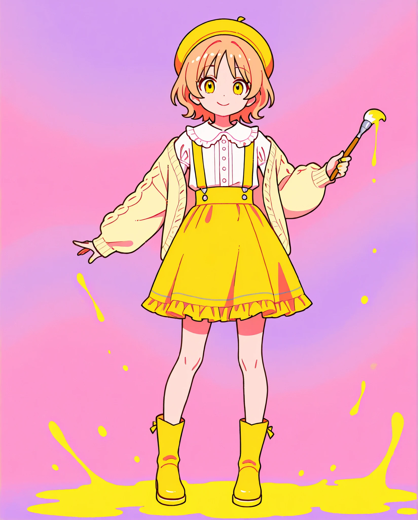 Colorful background with、paint sprinkled with a paintbrush、Super Detailed Illustration、super precise performance、masterpiece、Highest Quality、ultra high resolution、high resolution、one girl、solo、Puff Sleeve Ruffle Collar Blouse, Terracotta Color Suspender Skirt, short boots,knitted cardigan with a paintbrush flutters, Mustard Yellow Beret,healthy smile,