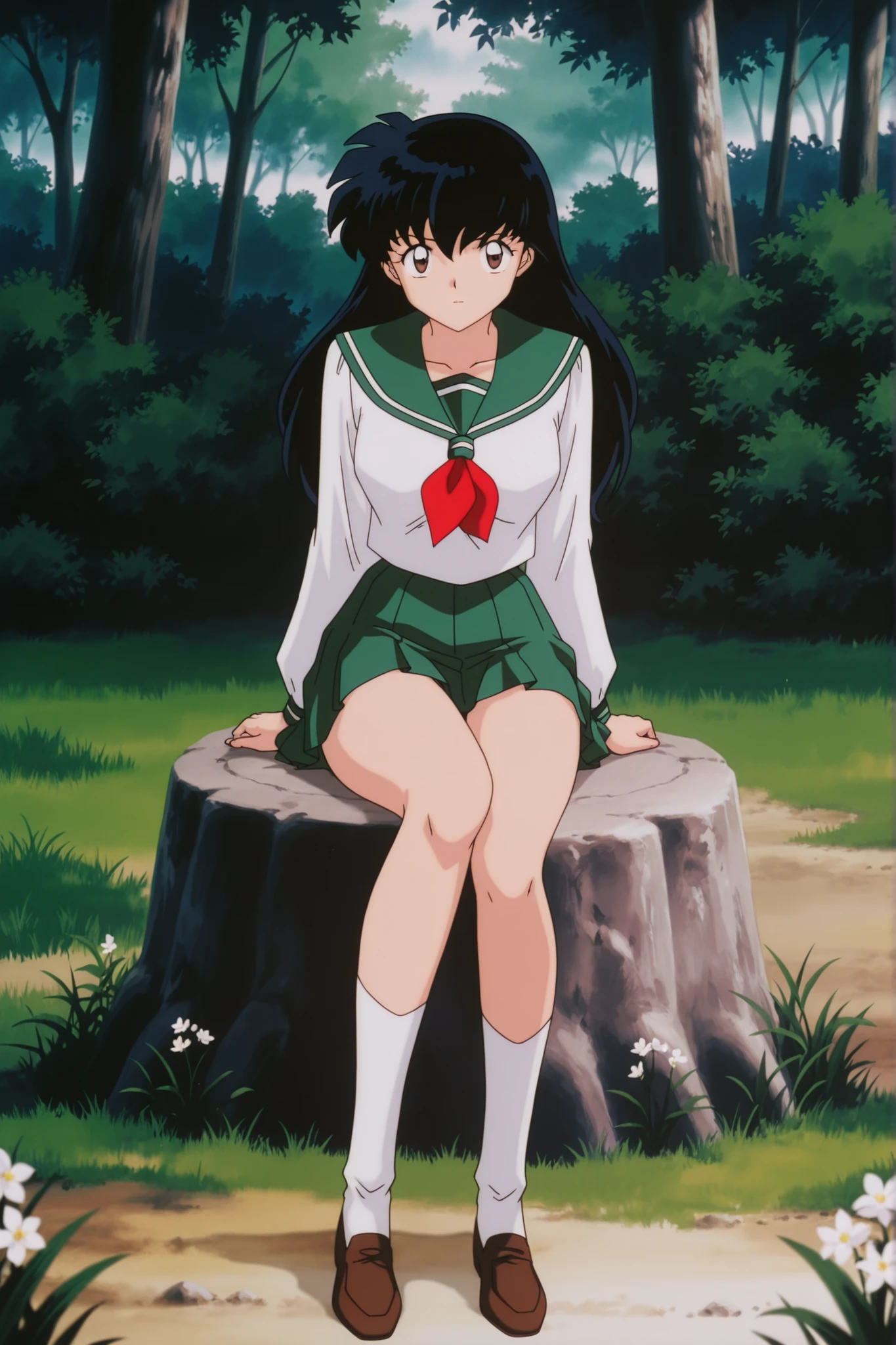 masterpiece,best quality,amazing quality, higurashikagome, masterpiece, best quality, amazing quality,, kagome higurashi, long hair, black hair, retro artstyle, brown eyes, anime screencap, skirt, shirt, long sleeves, school uniform, white shirt, pleated skirt, serafuku, , , green skirt, ,, Green forest , Green Grass , , flowers، , , , , cute 🥰, looking at viewer, solo,, cowboy shot, solo , green panyhose , full thighs with green panyhose, sitting on the ground , loafers, white socks