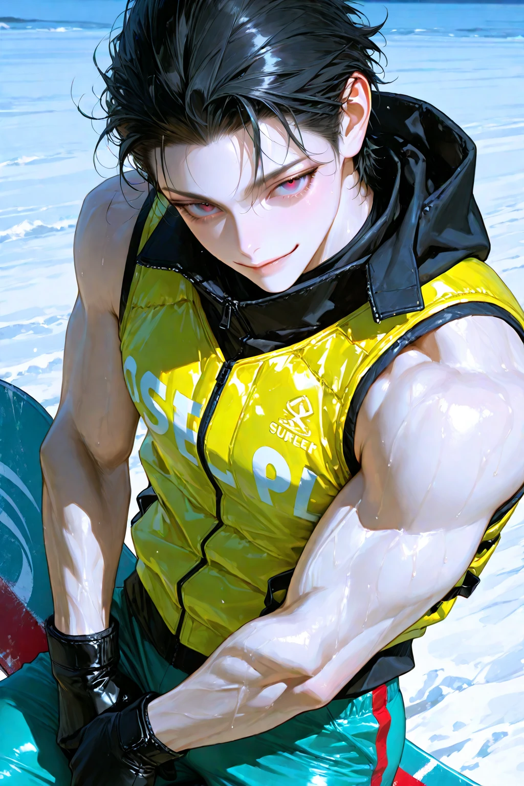 masterpiece, best quality, high quality, 1boy, solo, male focus, upper body, looking at viewer, jewelry, shirt, muscle, black mask, undercut, body builder