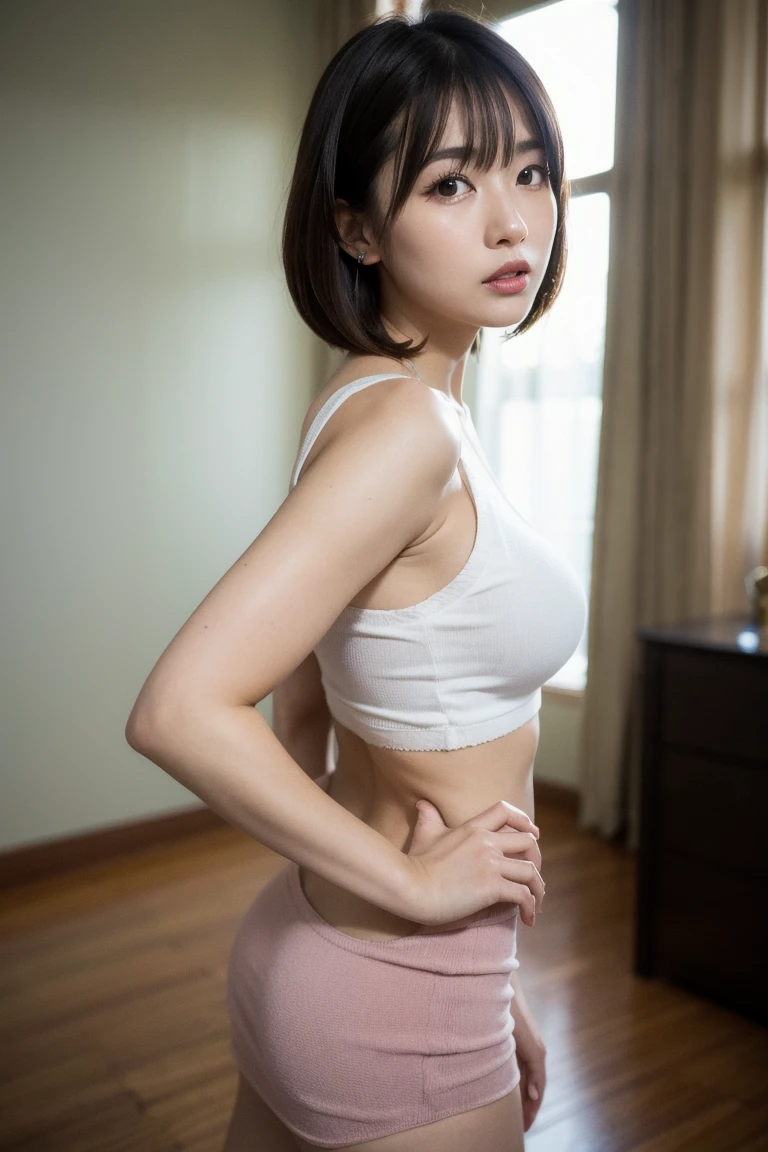 ((Great quality,Great quality,high quality, very beautiful,beautiful, 最high quality, Realistic)) ,One woman,(Open Stance),((Black Sports Shirt, White Yoga Pants,Belly button,Low rise)),((Light brown hair,blunt bangs, pixie cut, 太くてbeautiful眉)),Detailed body,photograph,3D, texture,, View here, ((最high quality, Great quality, very beautiful, Absurd))、(Perfect beautiful face 1.2),(smile),(Perfect and beautiful posture:1.2),(30 year old beautiful Japanese woman),(Mature Woman),(Face with makeup),((((Flat Chest)))),Big Ass,Strong legs, Vertical navel,(Muscular body),(whole bodyに汗をかく:1.2),超高解像度のphotograph,Looking at the camera,(Stand facing forward),(whole body),