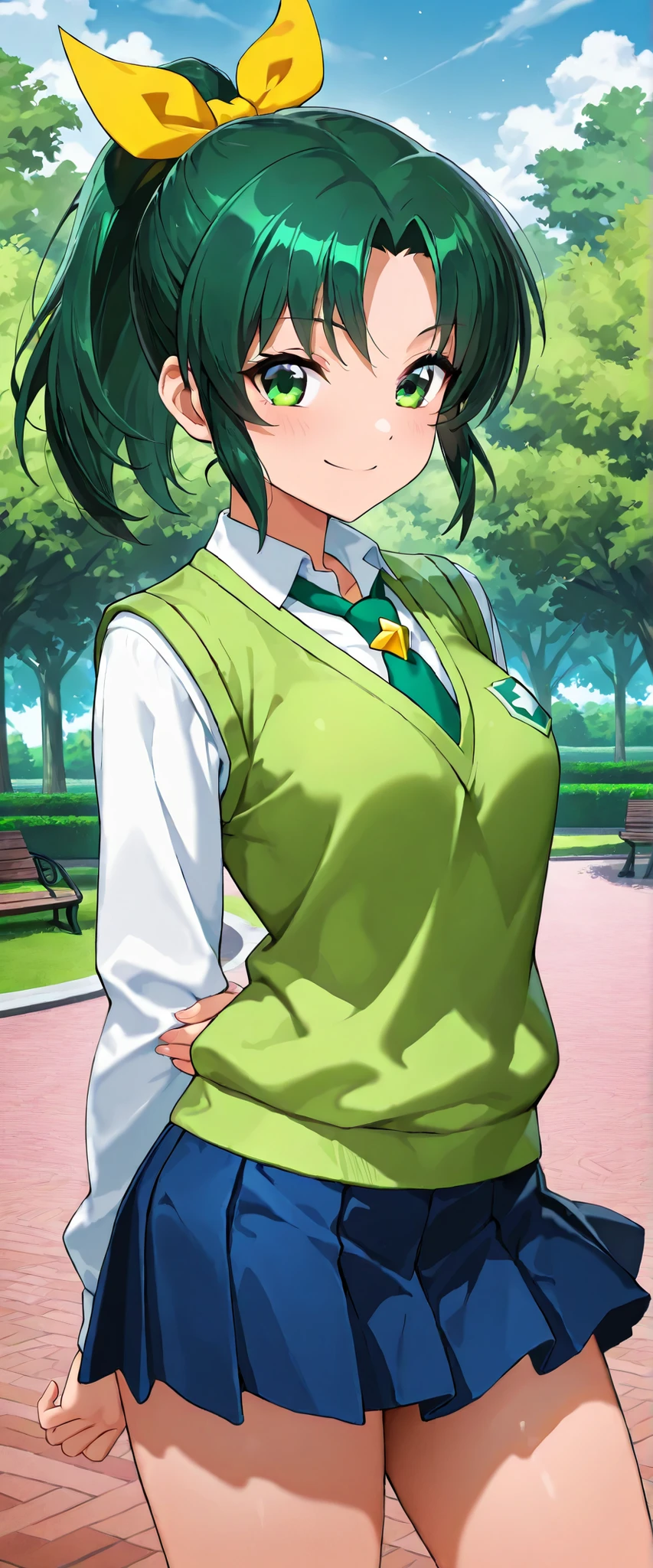 anime style, masterpiece, best quality, ultra detailed, highres, 8k, smile, 1 girl, 
Midorikawa Nao, green hair, yellow hair bow, green eyes,
school uniform, green sweater vest, blue skirt, white shirt, long sleeves, green necktie , park, v o er the eye 