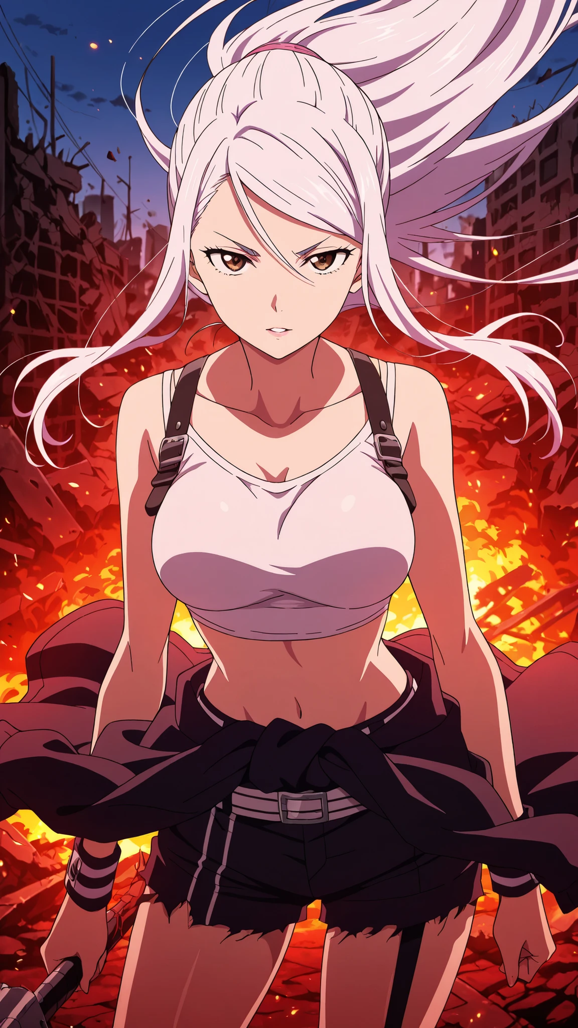 BREAK (masterpiece:1.2),Destroyed city reduced to ashes,
skyscrapers broken and glowing with embers,
sky glowing crimson with smoke,
ground covered in burning ruins,
apocalyptic anime masterpiece, dramatic and epic,saeko ayase, long hair,white hair, brown eyes, anime screencap,, medium breasts,tight crop top with ash stains,
sporty jacket tied around the waist,
shorts with straps and belts,
casual but stylish survivor outfit,looking at viewer,portrait,portrait shot,face close-up,seductive expression,seductive pose,floating hair,