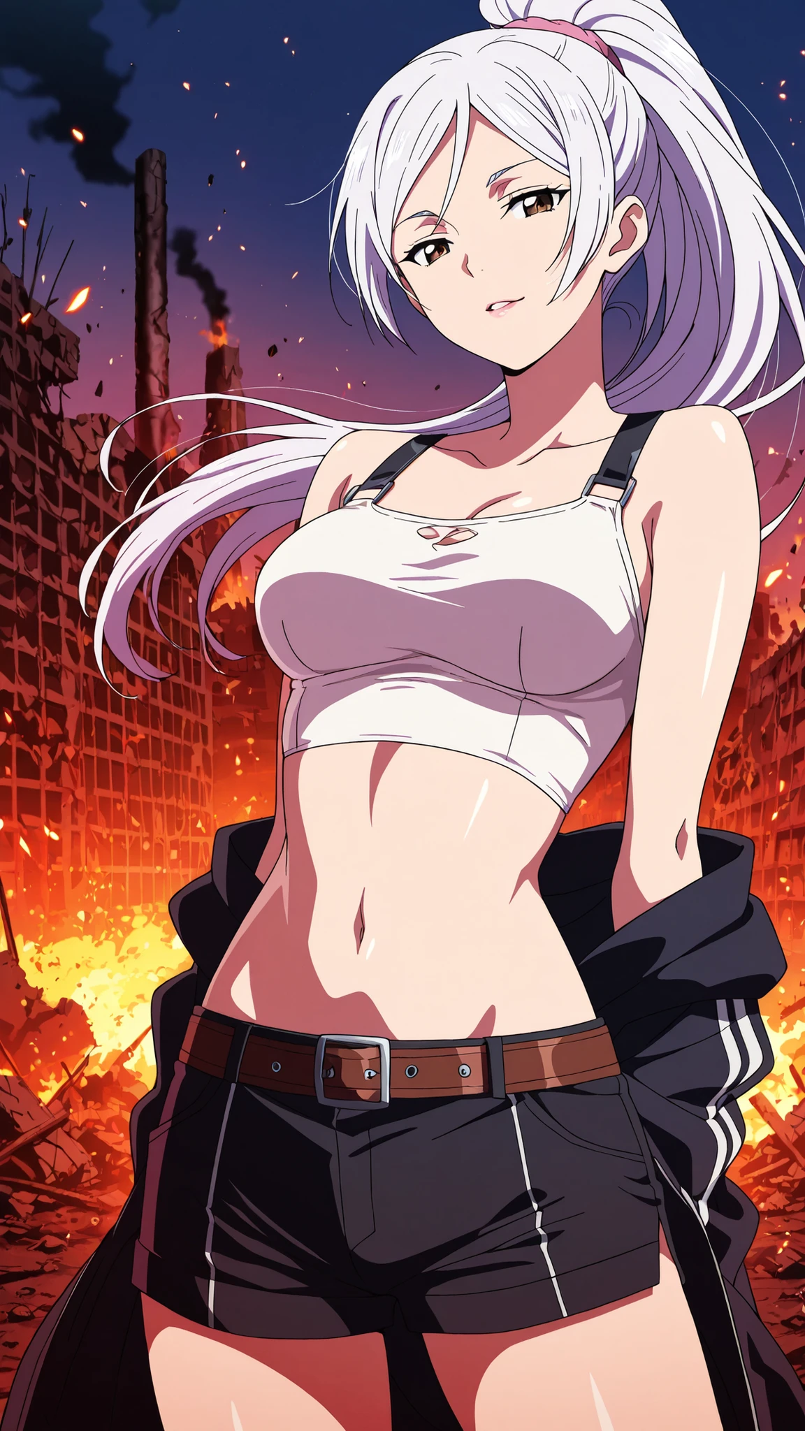 BREAK (masterpiece:1.2),Destroyed city reduced to ashes,
skyscrapers broken and glowing with embers,
sky glowing crimson with smoke,
ground covered in burning ruins,
apocalyptic anime masterpiece, dramatic and epic,saeko ayase, long hair,white hair, brown eyes, anime screencap,, medium breasts,tight crop top with ash stains,
sporty jacket tied around the waist,
shorts with straps and belts,
casual but stylish survivor outfit,looking at viewer,cowboy shot,wide-angel,seductive expression,seductive pose,floating hair,arched back